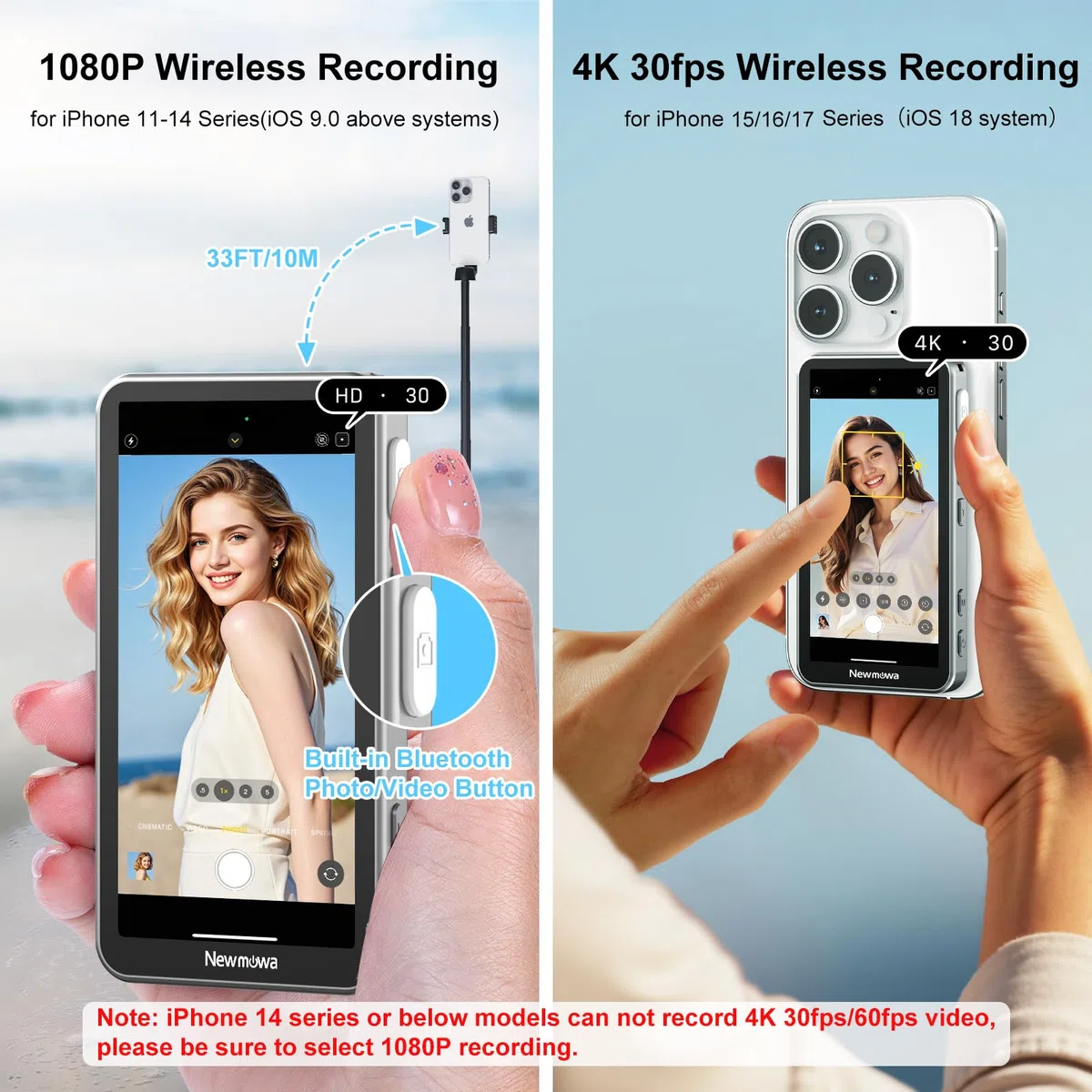 Newmowa Magnetico Telefono Selfie Vlog Touchscreen Monitor,con Zoom,Registrazione Wireless 1080p,Fotocamera Posteriore per Vlog TikTok,Compatibile iPhone(Registrazione 4K30fps Solo per iPhone 15/16/17