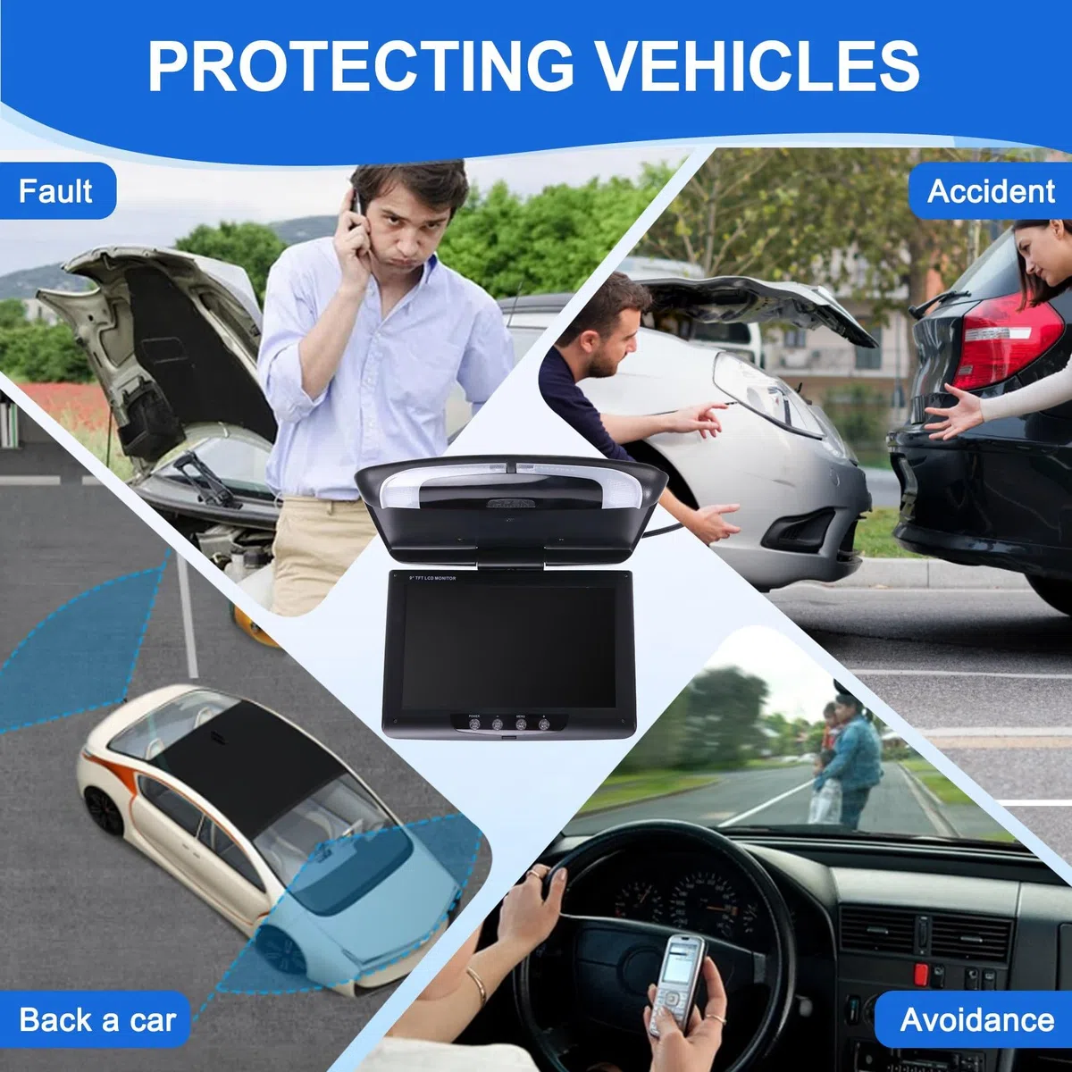 Monitor da Tetto per Auto LCD Flip Screen Top Multimedia Video Display Montato A Soffitto Tetto, Soffitto per Auto Nero