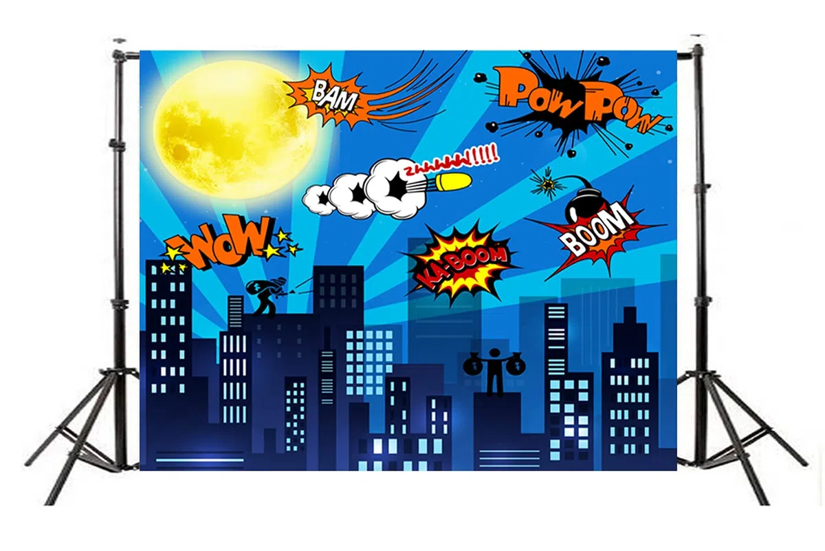 Sfondo di Supereroi,Supereroe Compleanno Foto Sfondo 2,1 x 1,5 m Cityscape Backdrop Per Bambini Festa Fotografia Sfondo