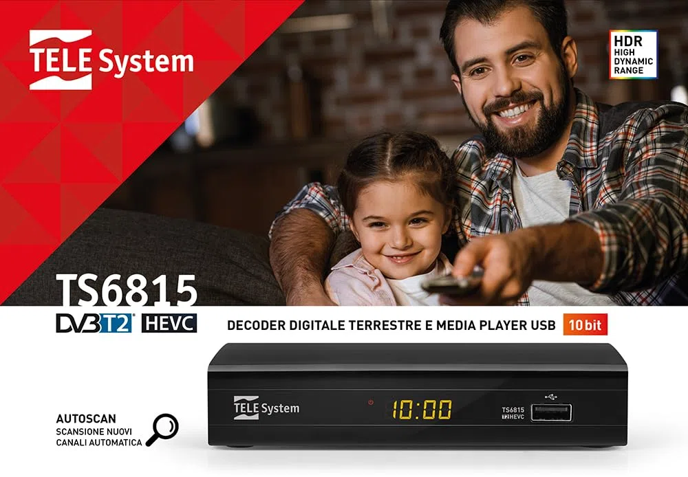 Tele System Decoder Digitale Terrestre TS6815/02 DVB-T2 HEVC 10 bit – Tecnologia HD HDR HLG - AUTOSCAN e LCN per ordine logico dei canali- EPG aggiornata - Lettore multimediale - Telecomando incluso