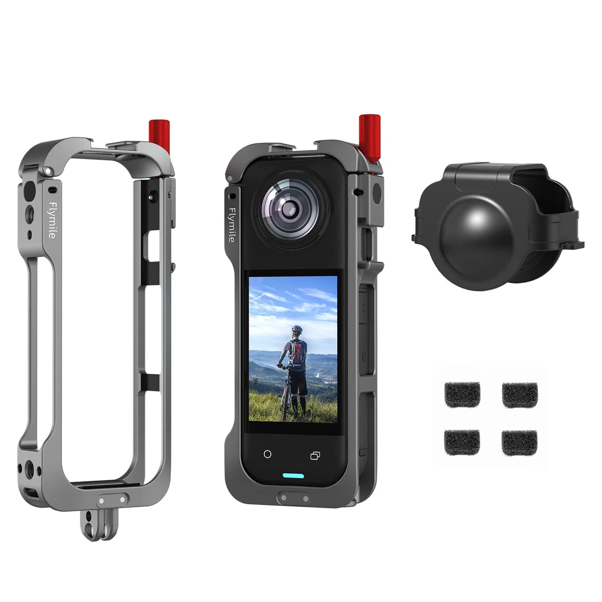 Gabbia metallica in alluminio per Insta360 X5, manopola a sgancio rapido, custodia protettiva con doppi supporti per slitta fredda e filettatura da 1/4" e copriobiettivo in silicone per