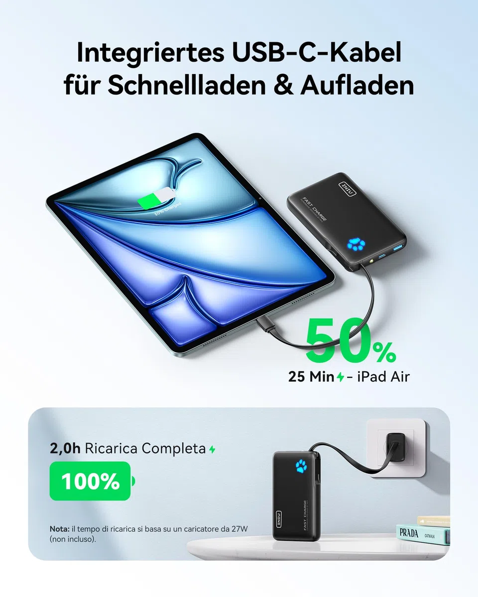 INIU Power Bank, Sottile 20W 10000mAh PowerBank con Cavo Integrato, Ricarica Rapida PD3.0 QC4.0 USB C Input & Output Caricatore Portatile per per iPhone 16 15 14 Pro Max Plus Samsung Huawei iPad Pro