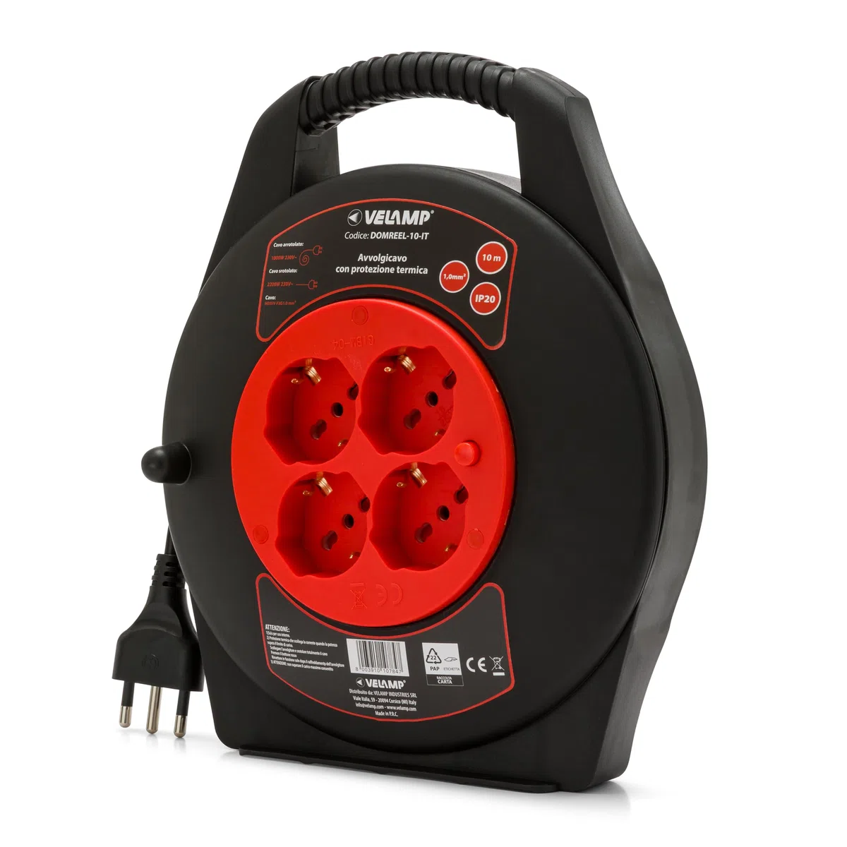 VELAMP - Prolunga Elettrica 10 Metri con Avvolgicavo Elettrico e Presa Multipla (4 Prese Schuko + 10/16A), Spina Grande 16A, Interruttore di Sicurezza – Cavo Elettrico Multipolare 3G Sezione 1,0 mm²