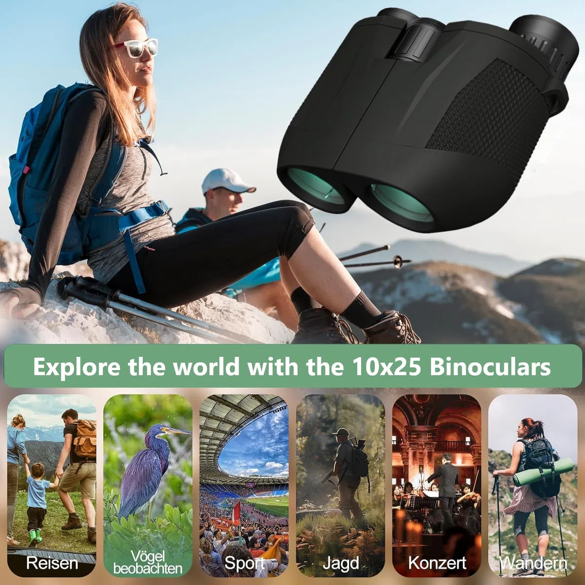 Binocolo 10x25, Binocolo Professionale, con Prisma BaK4 e Lente FMC, Alta potenza Binocolos Compatto,per Birdwatching, Escursionismo, Caccia, Visite, Teatro