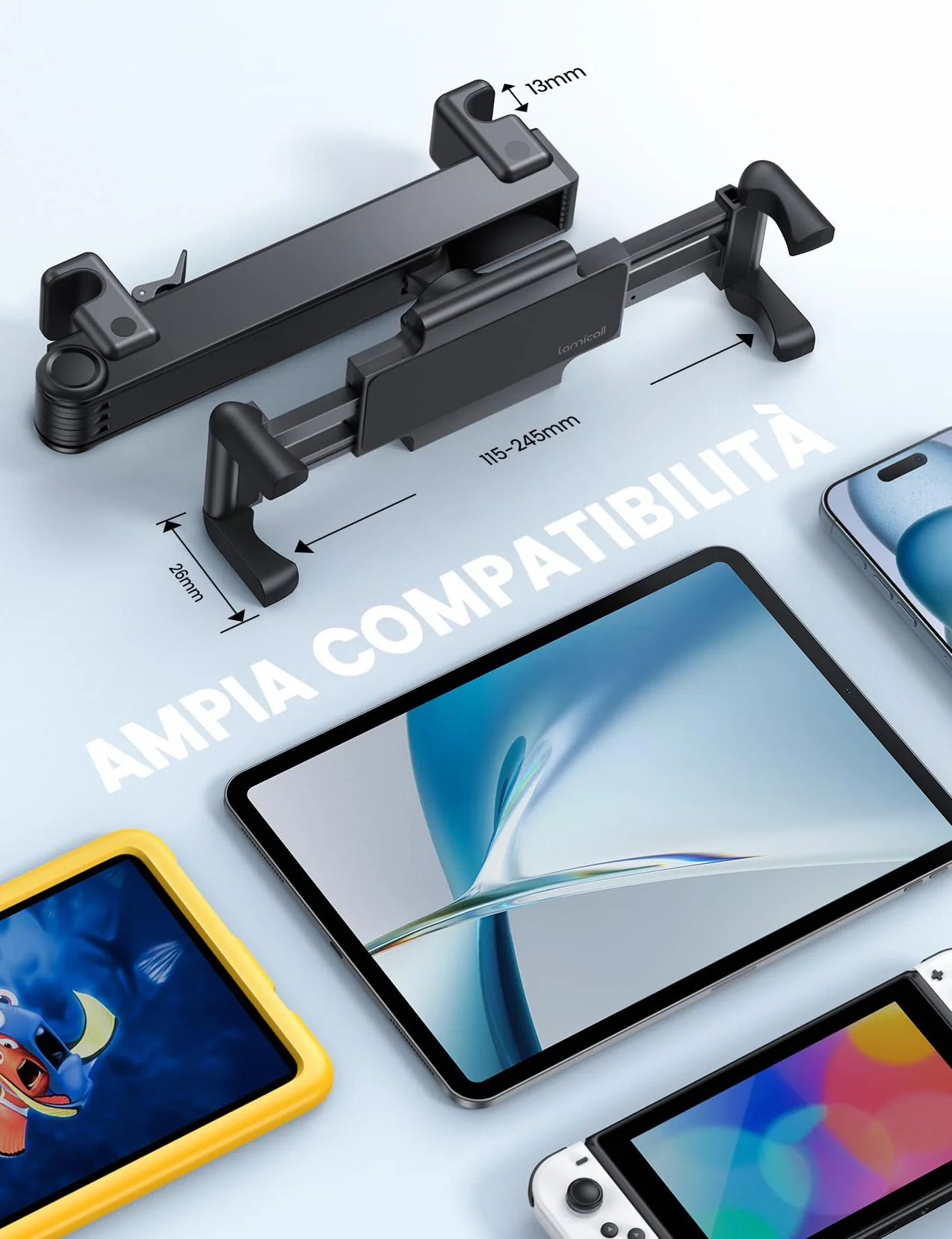 Lamicall Supporto Tablet Auto - [Pieghevole Clip Silicone Ampia] [Braccio Metallo] Pieghevole Porta Tablet Poggiatesta, 360° Rotazione, per iPad Pro, Air, Mini 6 5 4 3, Tab, Altro 6,1-13" Dispositivo