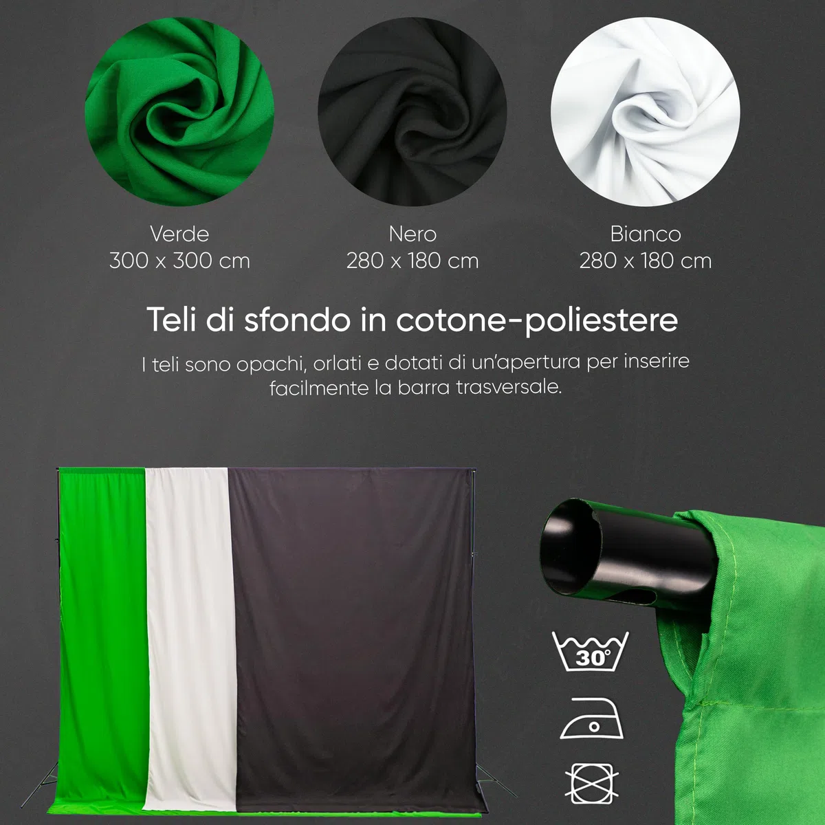 Green Screen Con Supporto (3m x 3m) – Sfondo Fotografico - Set Studio Fotografico - Accessori Per La Fotografia Streaming Giochi Gaming – 3x Telo di Fondale (verde, bianco, nero) – 4 Morsetti