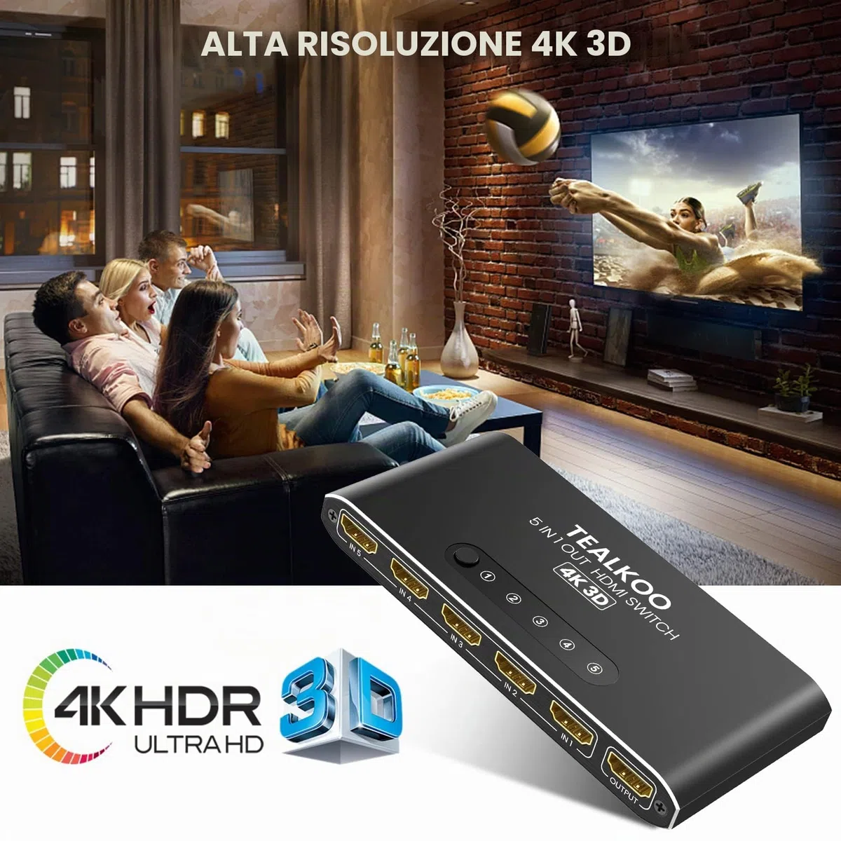 Splitter HDMI 5 in 1 Out – 4K Aliminium Switch automatico con telecomando – Commutatore supporta 4K 3D HDR per PS4, Xbox, TV Stick, lettore Blu-Ray