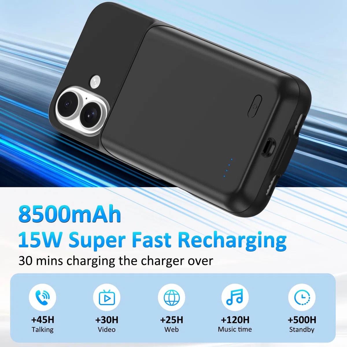 Custodia con Batteria per iPhone 16 da 8500mAh, Custodia di Ricarica Ricaricabile Sottile, Cover Protettiva Portatile con Batteria per iPhone 16 (6,1 pollici), nera