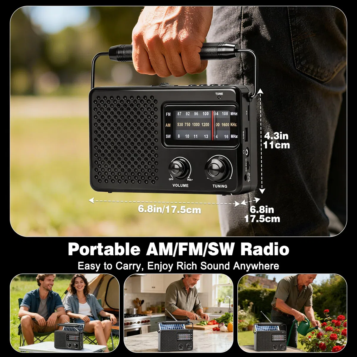 Tendak Radio Portatile, AM/FM/SW Radiolina Portatile con Solare a Rete e a Batteria, Radio Solare con Bluetooth/TF/USB per Uso Domestico/Esterno/Campeggio/Emergenza