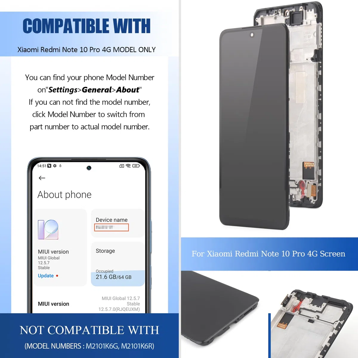 Schermo per Xiaomi Redmi Note 10 PRO 4G Display Digitalizzatore Touch Screen LCD per Redmi Note 10 PRO 4G Schermo LCD Display + Kit di Riparazione(Nero con Cornice)