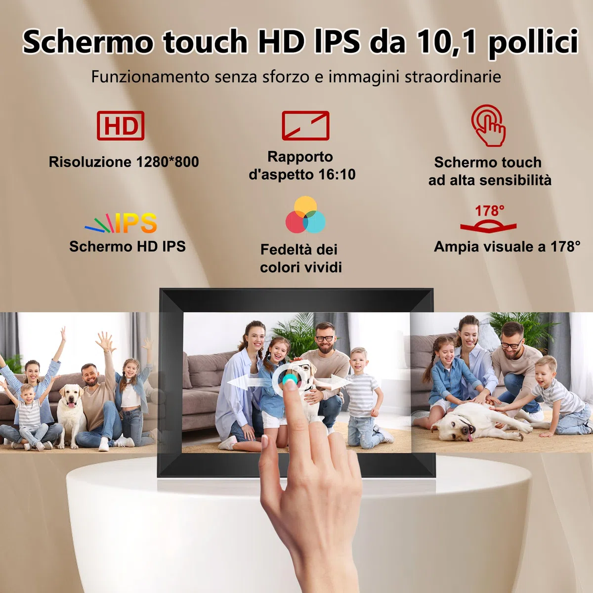 Frameo Cornice Digitale WiFi da 10,1 Pollici, 32GB, Schermo IPS Touchscreen HD 1280 x 800P, Rotazione Automatica, Condividi Foto/Video Subito da Qualsiasi Luogo (Elegante Nero)