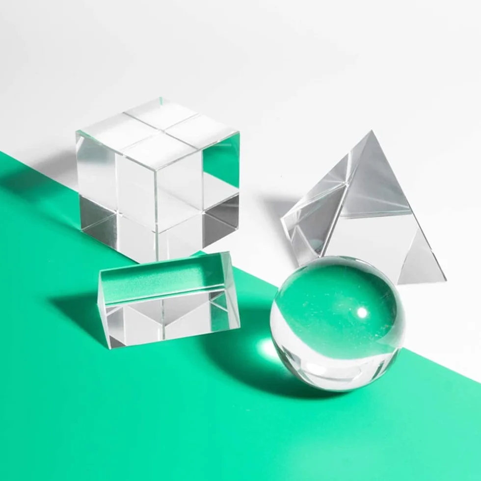 4 prisma fotografico con cristallo ottico K9, include 50mm, prisma triangolare in vetro da 50mm, sfera di cristallo da 55mm, piramide ottica da 60mm, per insegnamento di fisica, giochi e fotografia