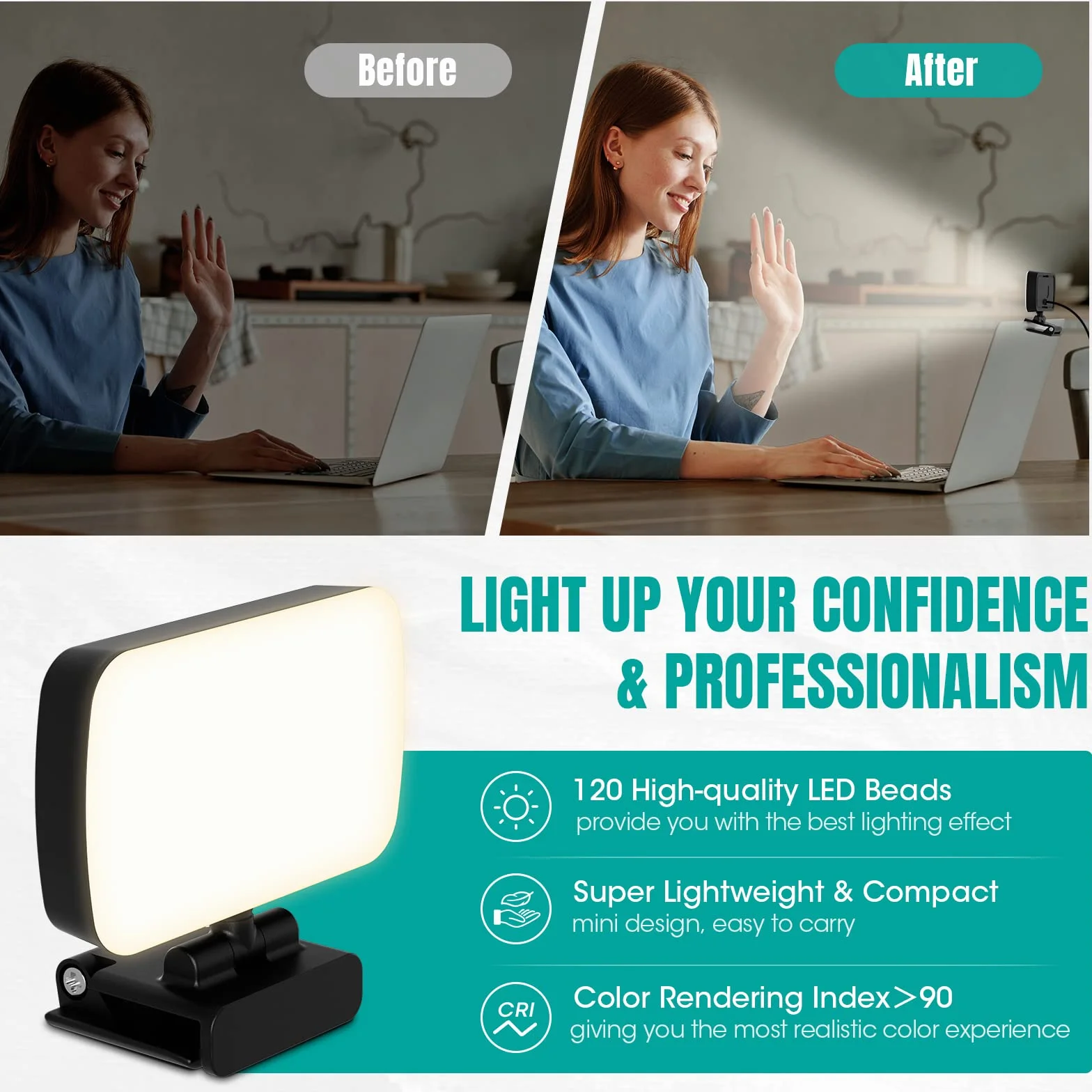 RealPlus Luce per Videoconferenza, Luce Video USB Cablata Portatile a Clip con 120 LED e 3 Modalità di Illuminazione, Luce per Video per PC/Laptop/Luci Video/Live Streaming/Ufficio/YouTube/Tiktok