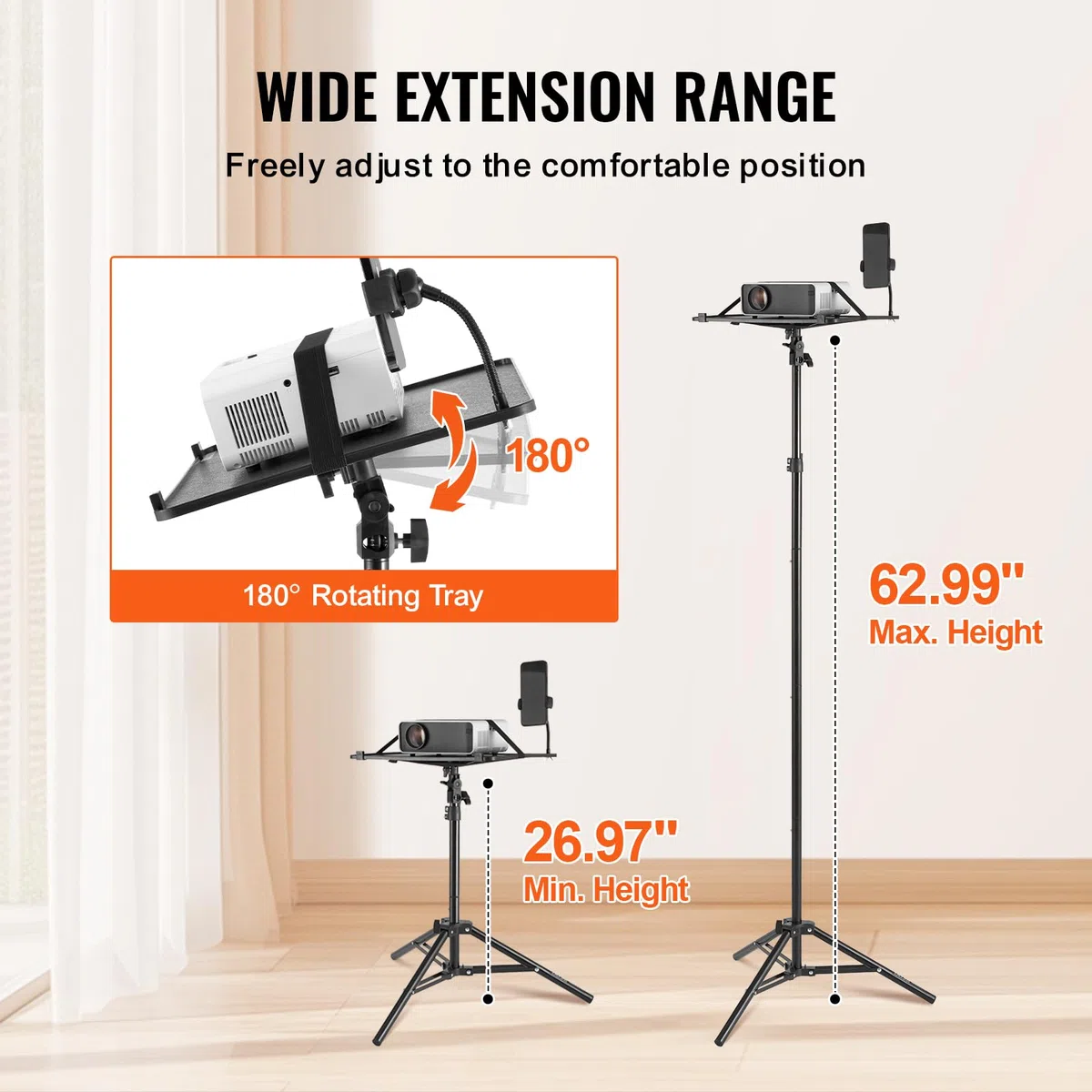 VEVOR Supporto per Proiettore e Laptop, Treppiede Regolabile Altezza 685-1600 mm, Supporto per Treppiede per Proiettore con Vassoio e Supporto a Collo di Cigno, per Film all'Aperto, Casa, Ufficio