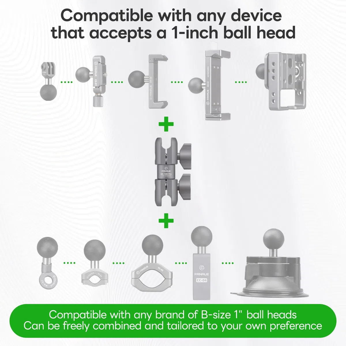 FANAUE Braccio girevole a doppio giunto, in Alluminio, Compatibile con Adattatori RAM Mounts di Dimensione B/Sfera da 1 Pollice. Lunghezza del Braccio di 94 mm (DA-100pro)