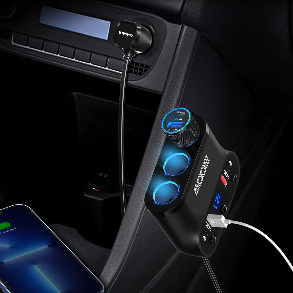 Qidoe Sdoppiatore Presa Accendisigari per Auto 300W: 7 in 1 USB Splitter, 3 Prese e Doppia USB C 30W e QC3.0 18W con Interruttore LED Voltmetro per GPS, Cellulare, iPad