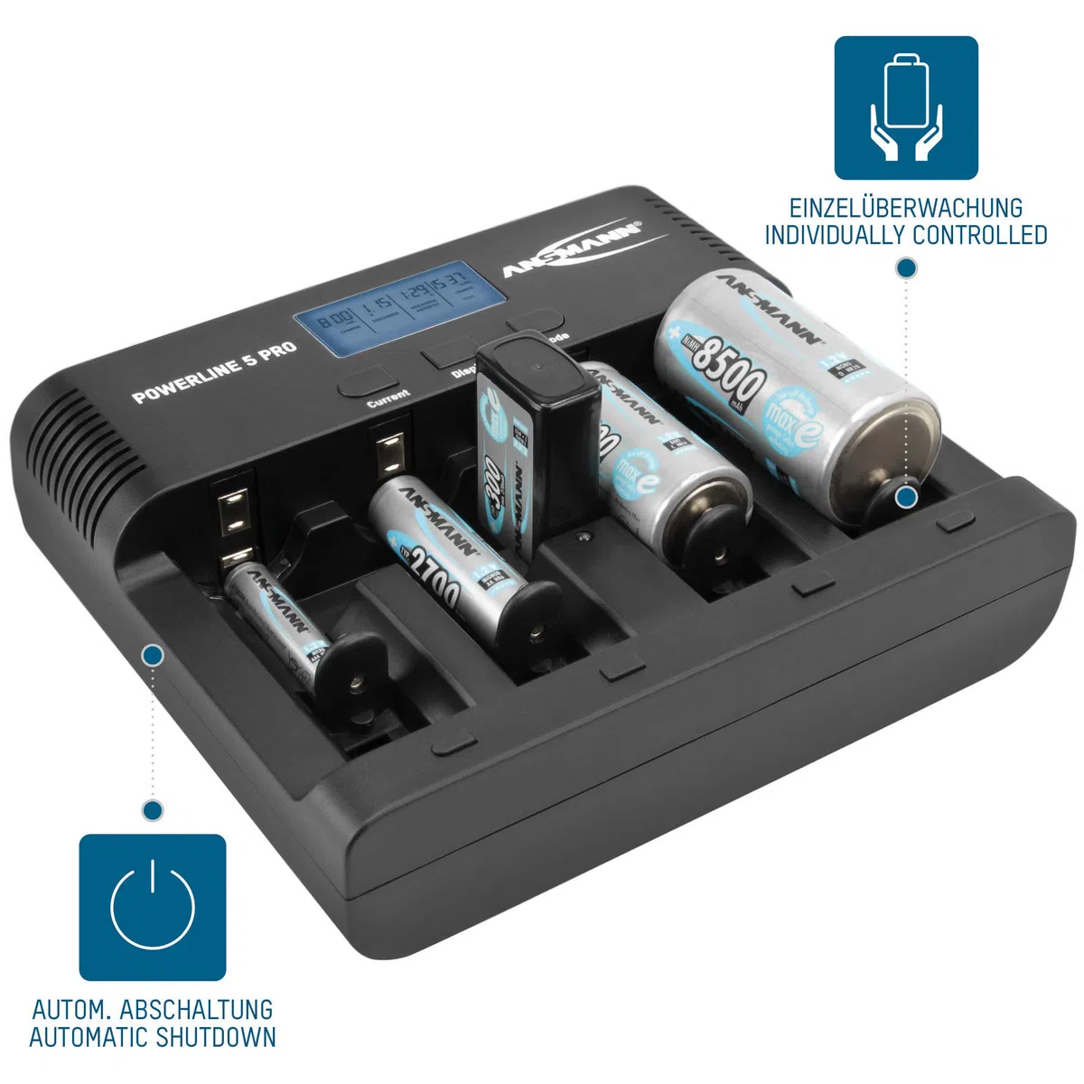 ANSMANN Caricabatterie Powerline 5 Pro - Stazione di ricarica per batterie ricaricabili AAA AA C D E-Block 9V - Caricatore tester pile NiMH porta USB