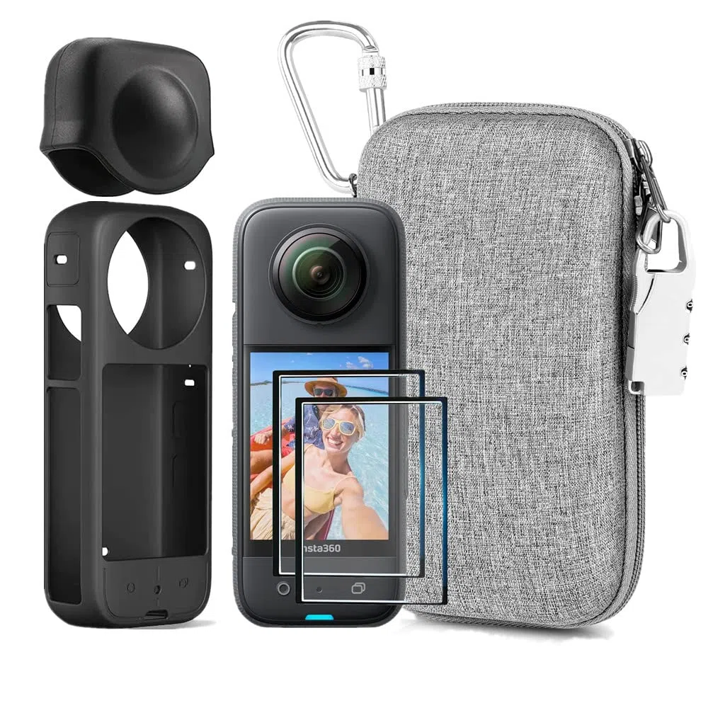 Kit di Accessori 7in1 Compatibile con Insta360 X3 [Custodia in Silicone per Fotocamera e Copriobiettivo] [2 Pellicole Protettive] [Custodia per il Trasporto Esterna con Moschettone]