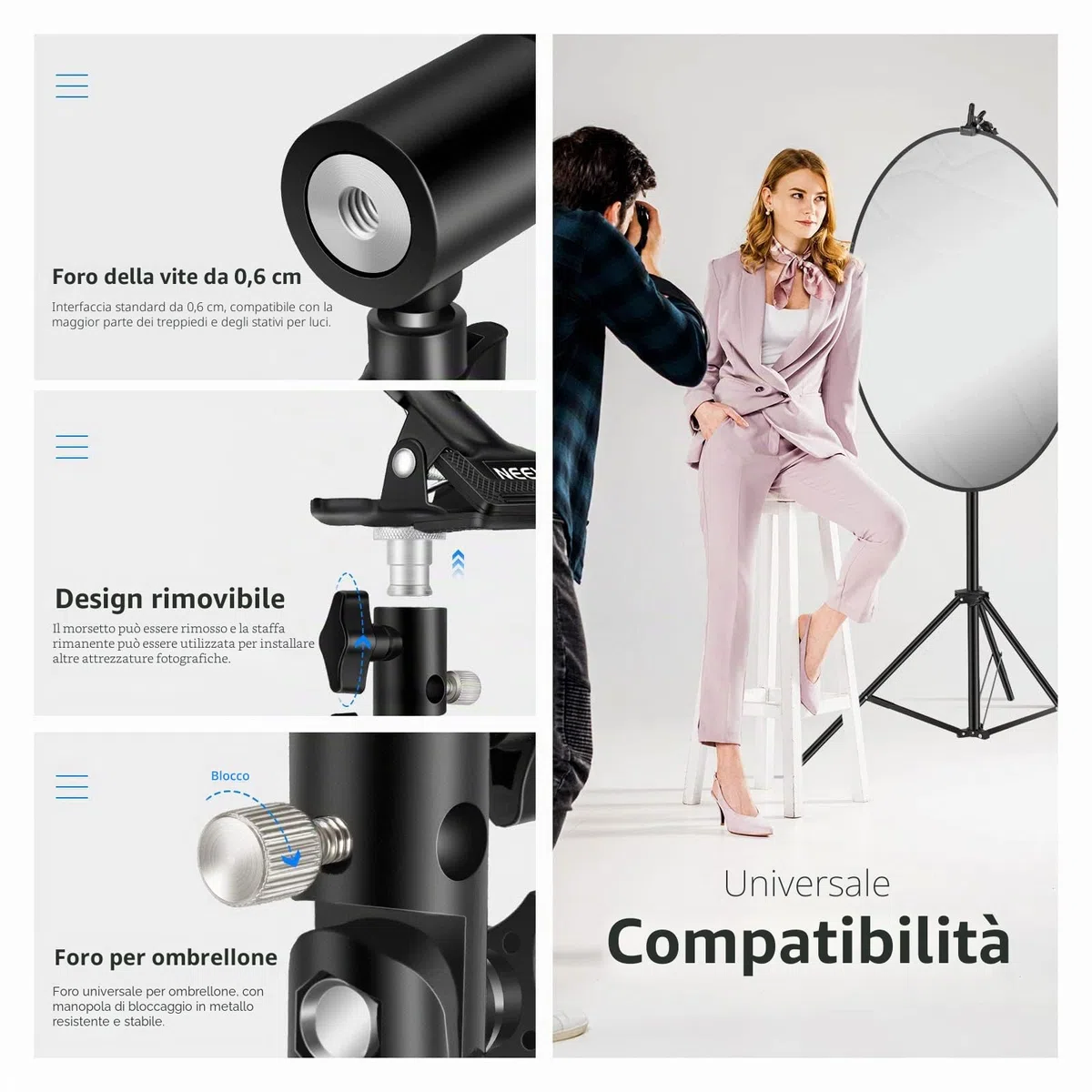 NEEWER Supporto per morsetto in metallo resistente per studio fotografico con attacco per supporto luce da 5/8" per riflettore