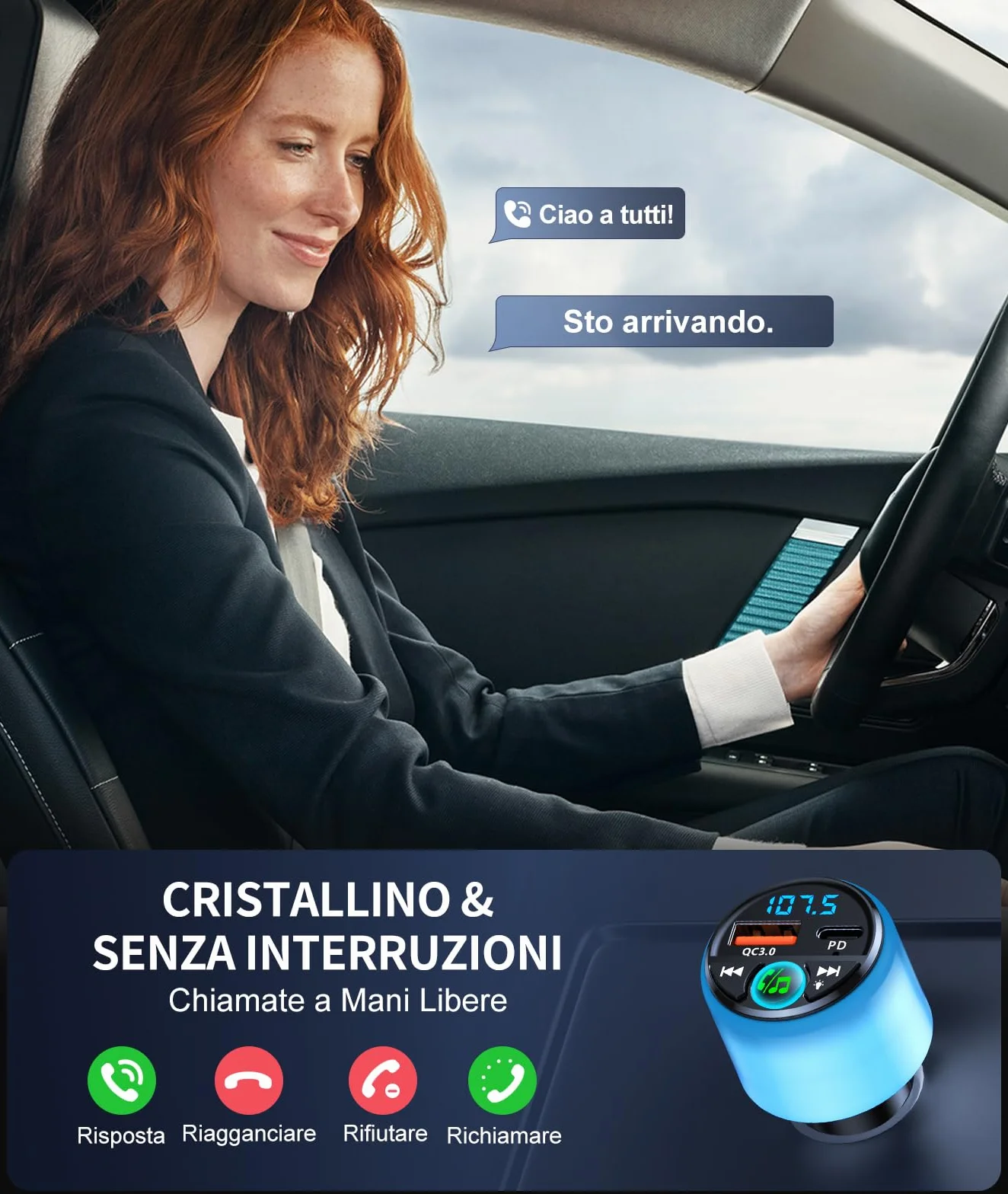 Mohard Trasmettitore FM Bluetooth 5.3 per Auto, PD 30W & QC3.0 18W Ricarica Veloce Bluetooth Vivavoce Auto con Musica/Hi-Fi/Luce, Caricabatterie per GPS Dispositivo Macchina Accendisigari Adattatore