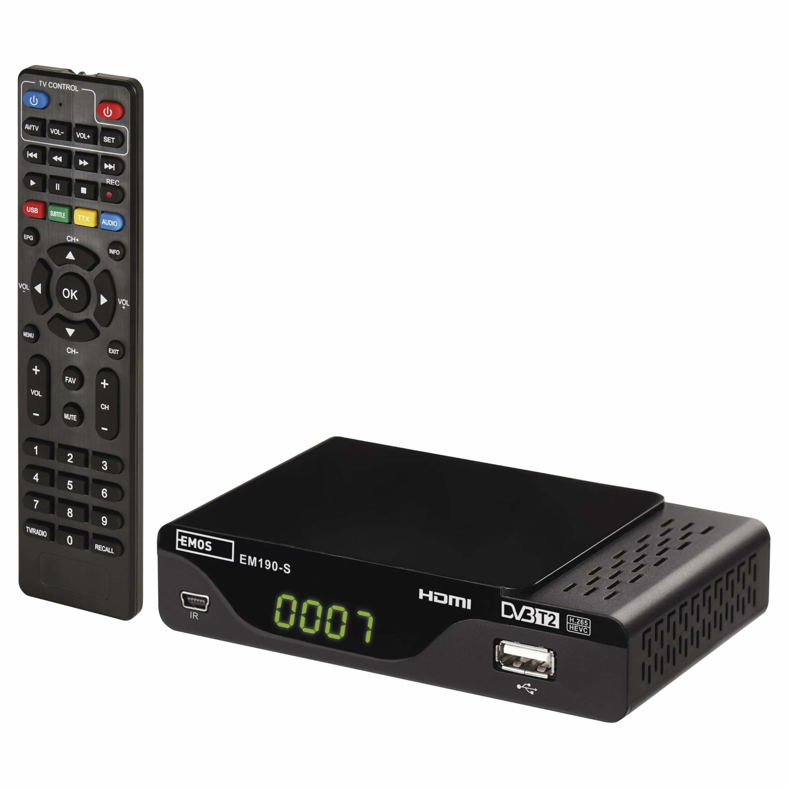EMOS Decoder DVB-T2, recivitore digitale terrestre H.265 HEVC HD con connessione USB, HDMI, SCART e coassiale, telecomando e infrarossi, PVR, lettore multimediale e funzione EPG, Nero
