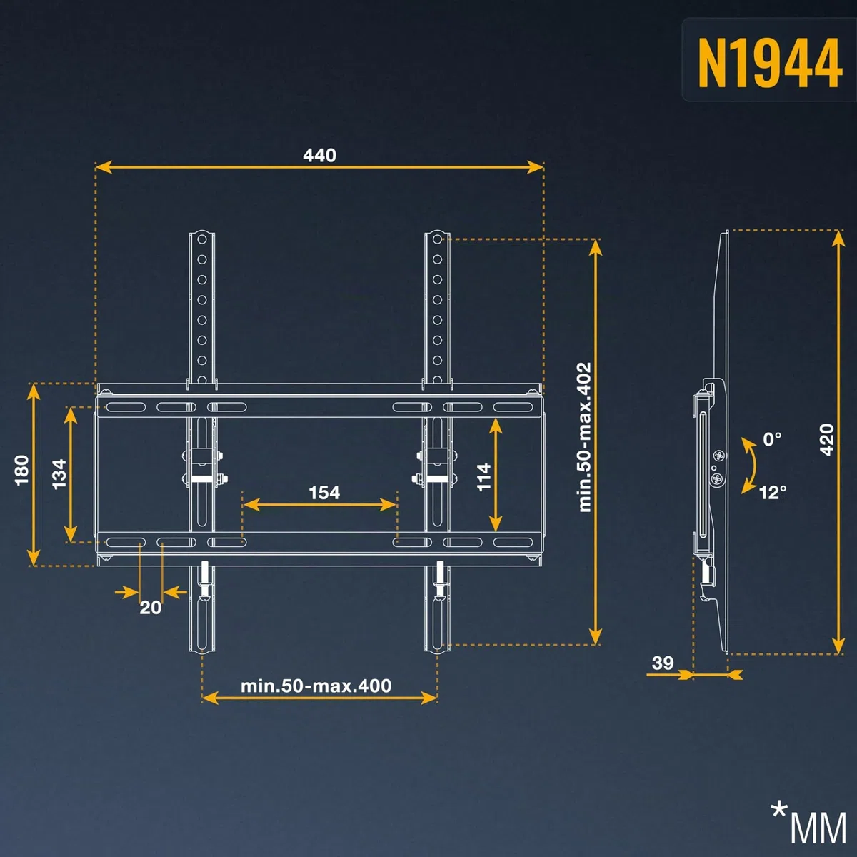 RICOO N1944 Supporto TV da parete Staffa TV 40-85 pollici per 40 42 43 49 50 55 58 65 75 77 85 pollici inclinabile fino a 75 kg max VESA 400x400