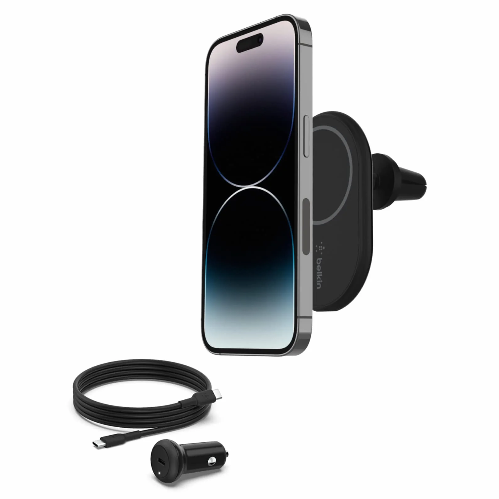 Belkin BoostCharge Supporto da auto magnetico per telefono, compatibile con MagSafe, iPhone 14/14 Plus, 13, 12, Pro, Max, mini, e altri (cavo e caricabatteria wireless inclusi)