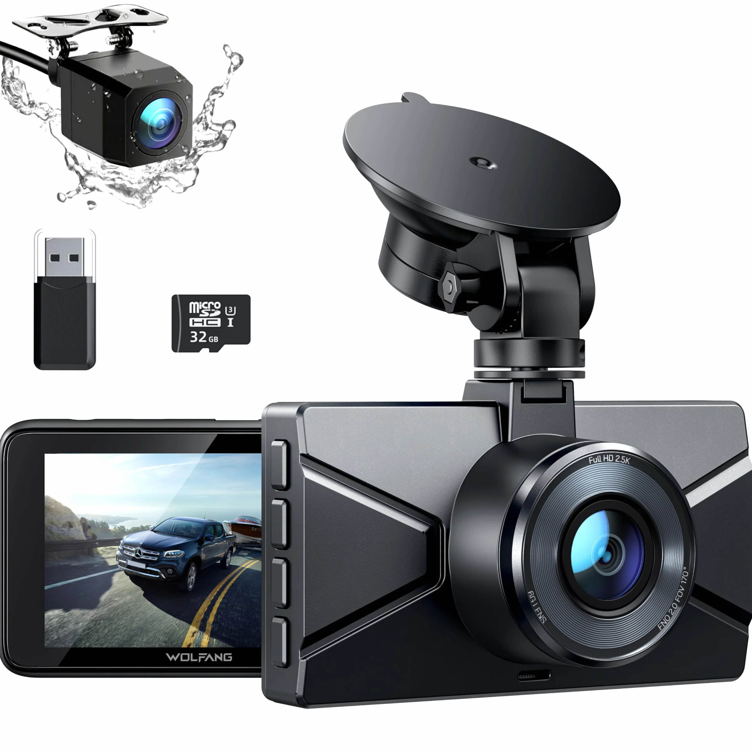 WOLFANG 2.5K Doppia Dashcam, Dash Cam Auto IPS 3" con Grandangolo di 310°, 1440P+1080P FHD Telecamera, Visione Notturna,G-Sensor, WDR, Monitor di Parcheggio, Registrazione in Loop
