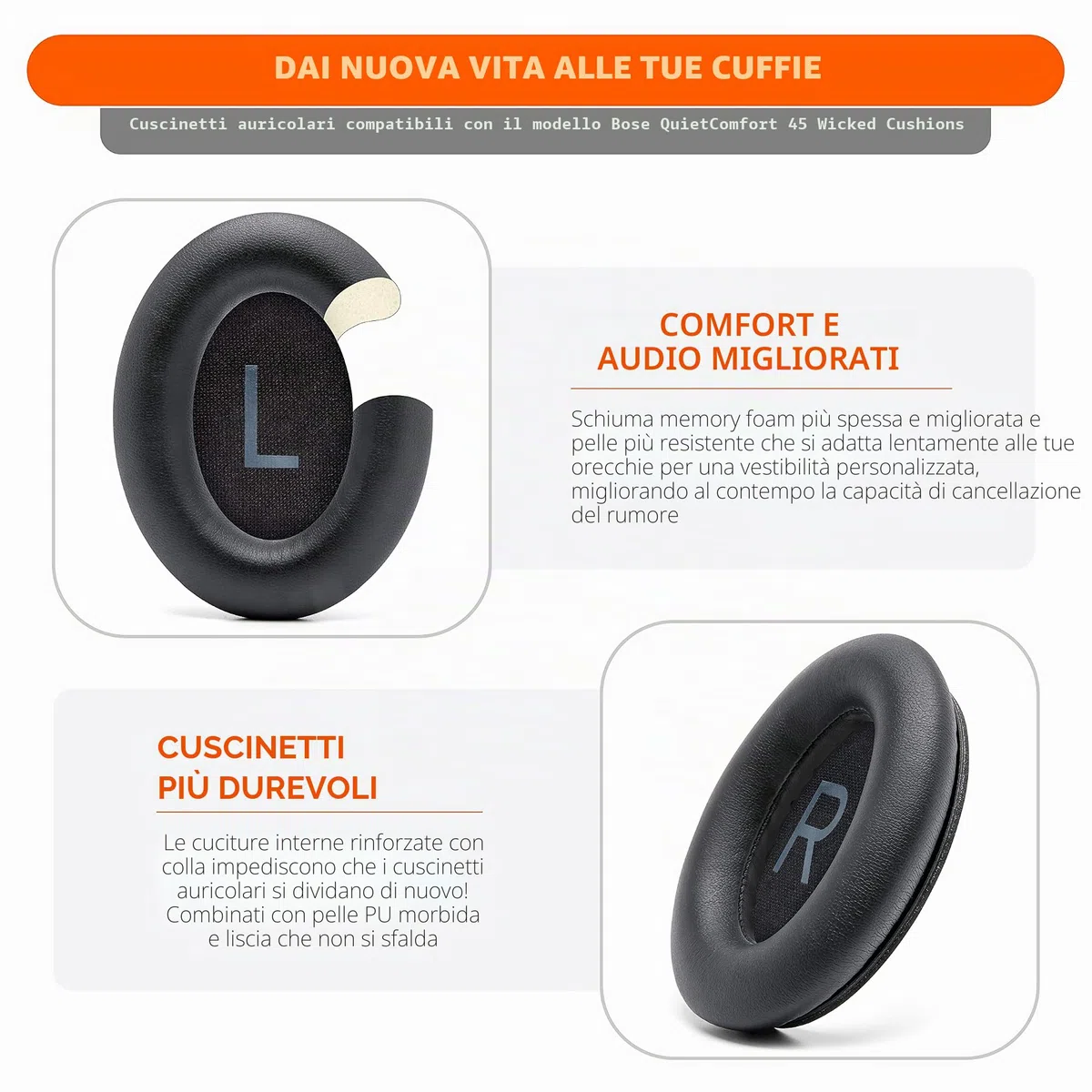 WC PadZ QC45 - Cuscinetti auricolari per Bose QuietComfort 45 / QuietComfort Se/QuietComfort Wireless, realizzati da Wicked Cushions | Cuscino extra spesso | Black