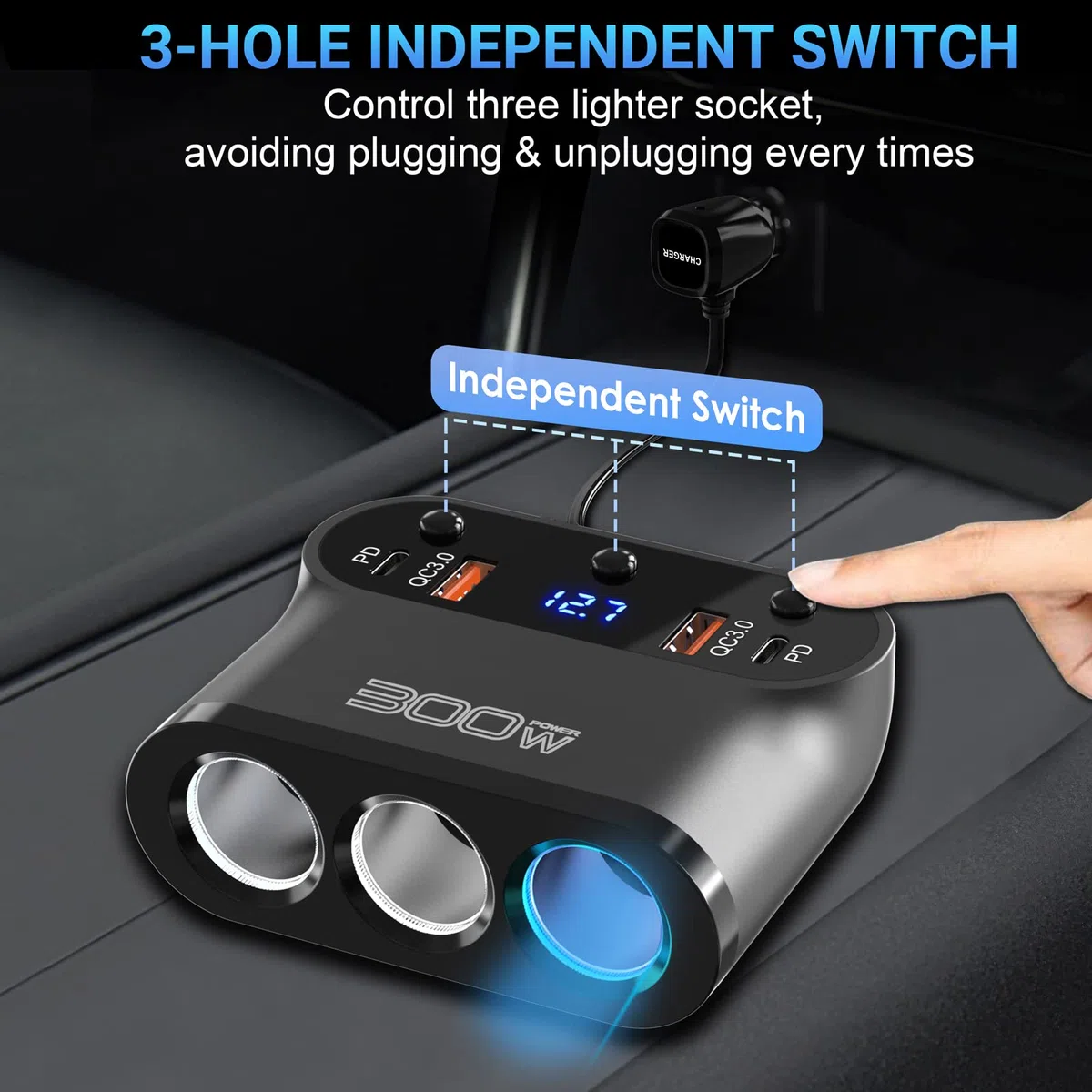 Qidoe Sdoppiatore Presa Accendisigari per Auto 300W: 7 in 1 USB Splitter, 3 Prese e Doppia USB C 30W e QC3.0 18W con Interruttore LED Voltmetro per GPS, Cellulare, iPad