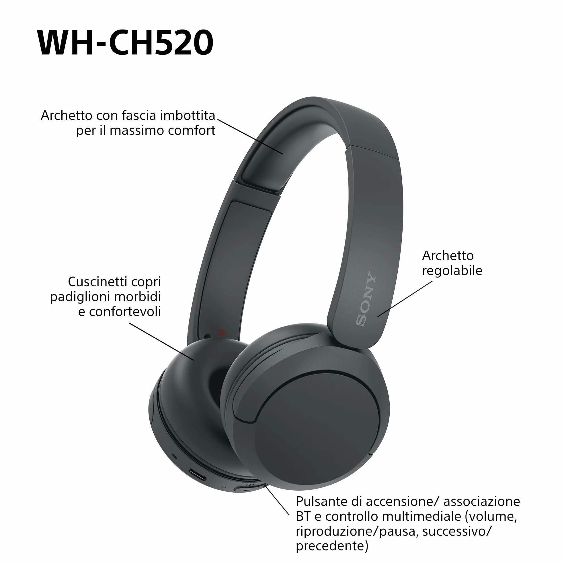 Sony WH-CH520 | Cuffie Wireless, Connessione Multipoint, con Microfono, Fino a 50 ore di durata della batteria con Ricarica rapida - Nero