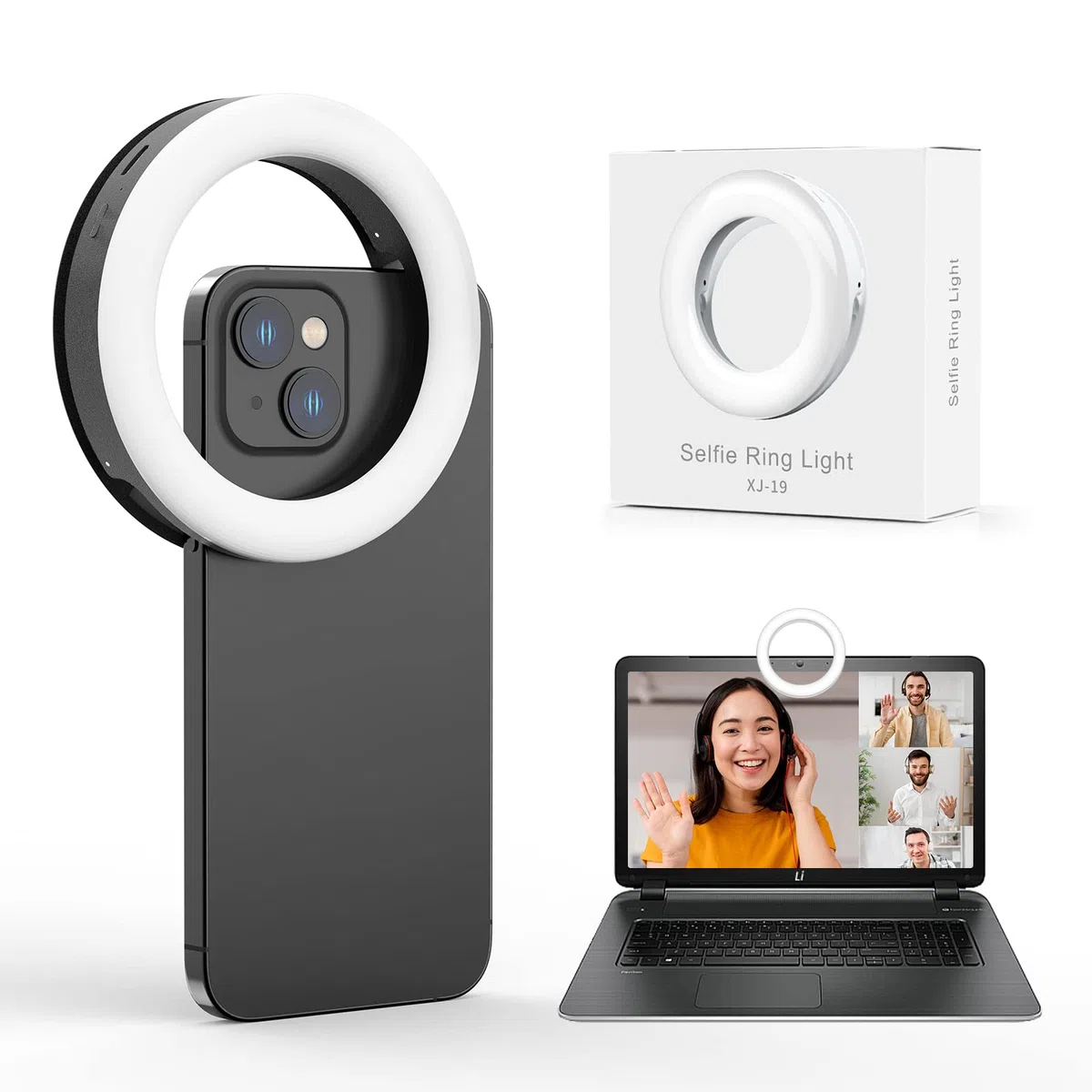 Luce ad anello per selfie, 40 LED, luce ad anello con tre modalità di colore, anello di ricarica USB, per cellulare, laptop, riunioni di zoom, trucco, videochiamate, streaming (nero)
