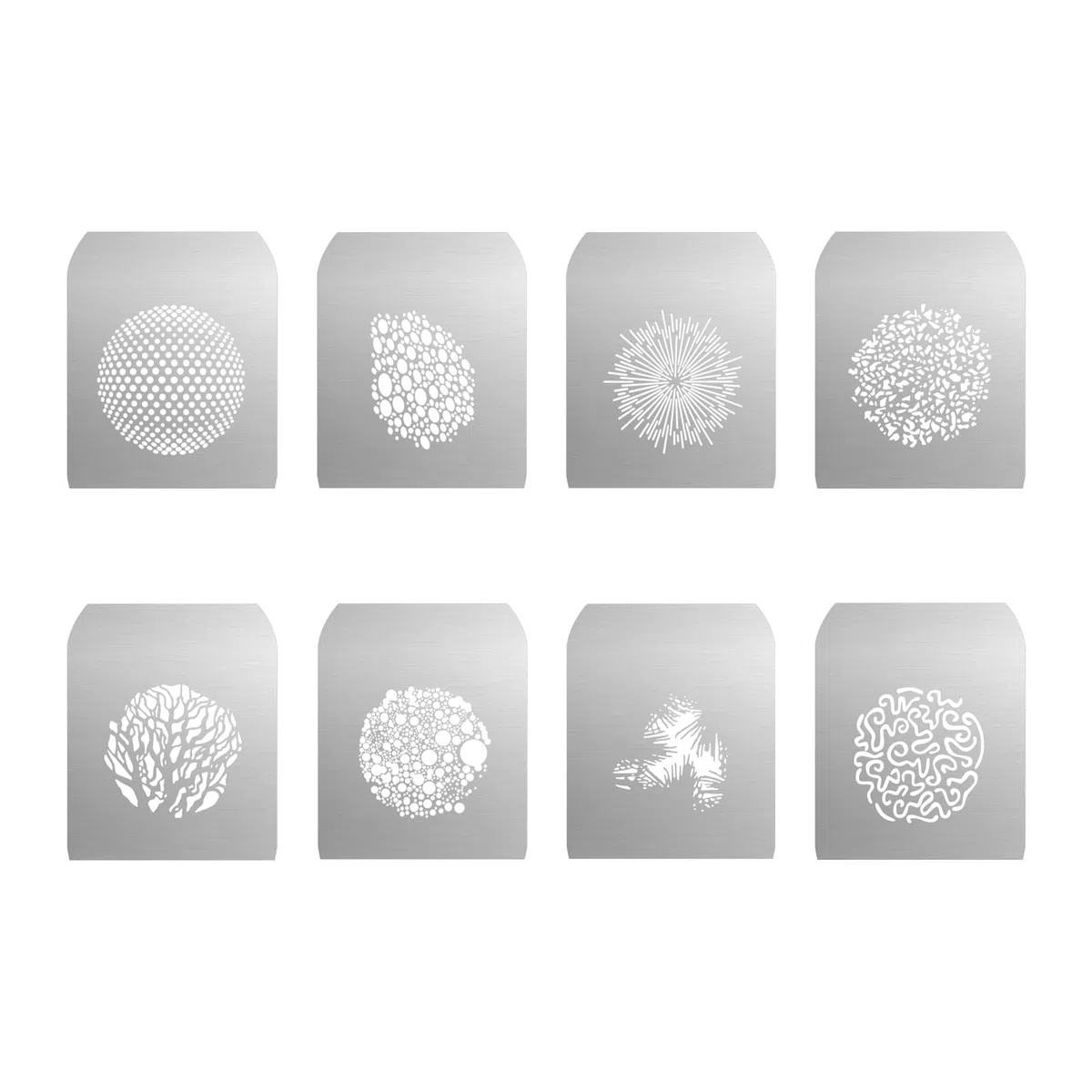 GOBO Set per Soonpho lega di alluminio Snoot conico ottico, 8 schede grafiche Gobos piastre metalliche con motivi cave per arte,effetti speciali, accessori per fotografia per proiettore GOBO Bowens(E)