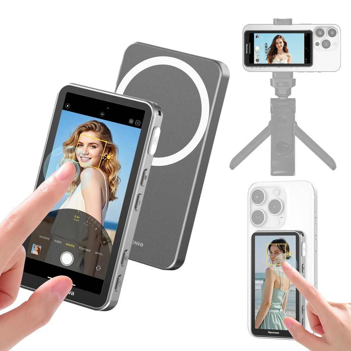 Newmowa Magnetico Telefono Selfie Vlog Touchscreen Monitor,con Zoom,Registrazione Wireless 1080p,Fotocamera Posteriore per Vlog TikTok,Compatibile iPhone(Registrazione 4K30fps Solo per iPhone 15/16/17