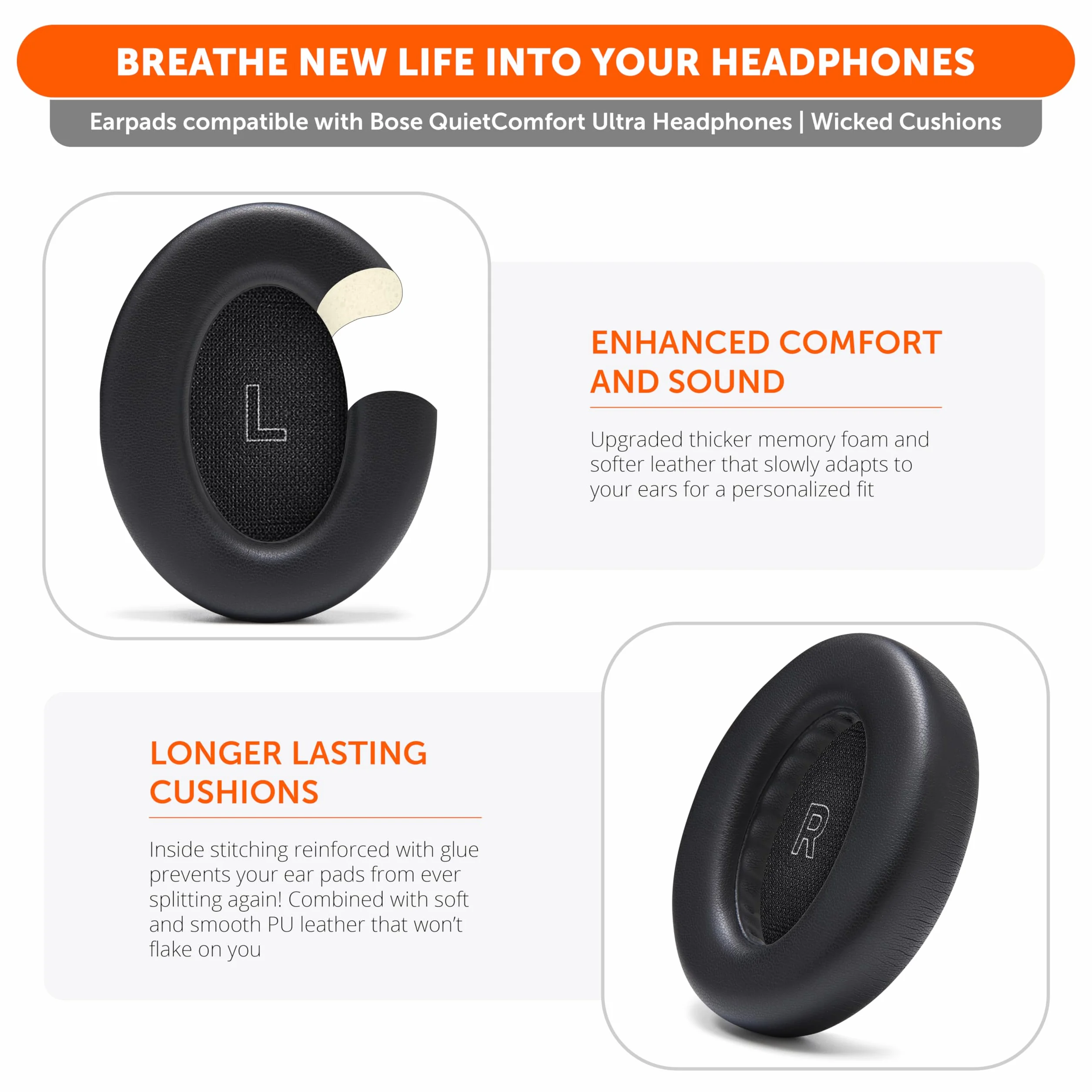 WC PadZ QC Ultra – Cuscinetti auricolari di ricambio aggiornati compatibili con Bose QuietComfort Ultra Gen 1 e Gen 2 di Wicked Cushions | Comfort, spessore e durata migliorati | Black