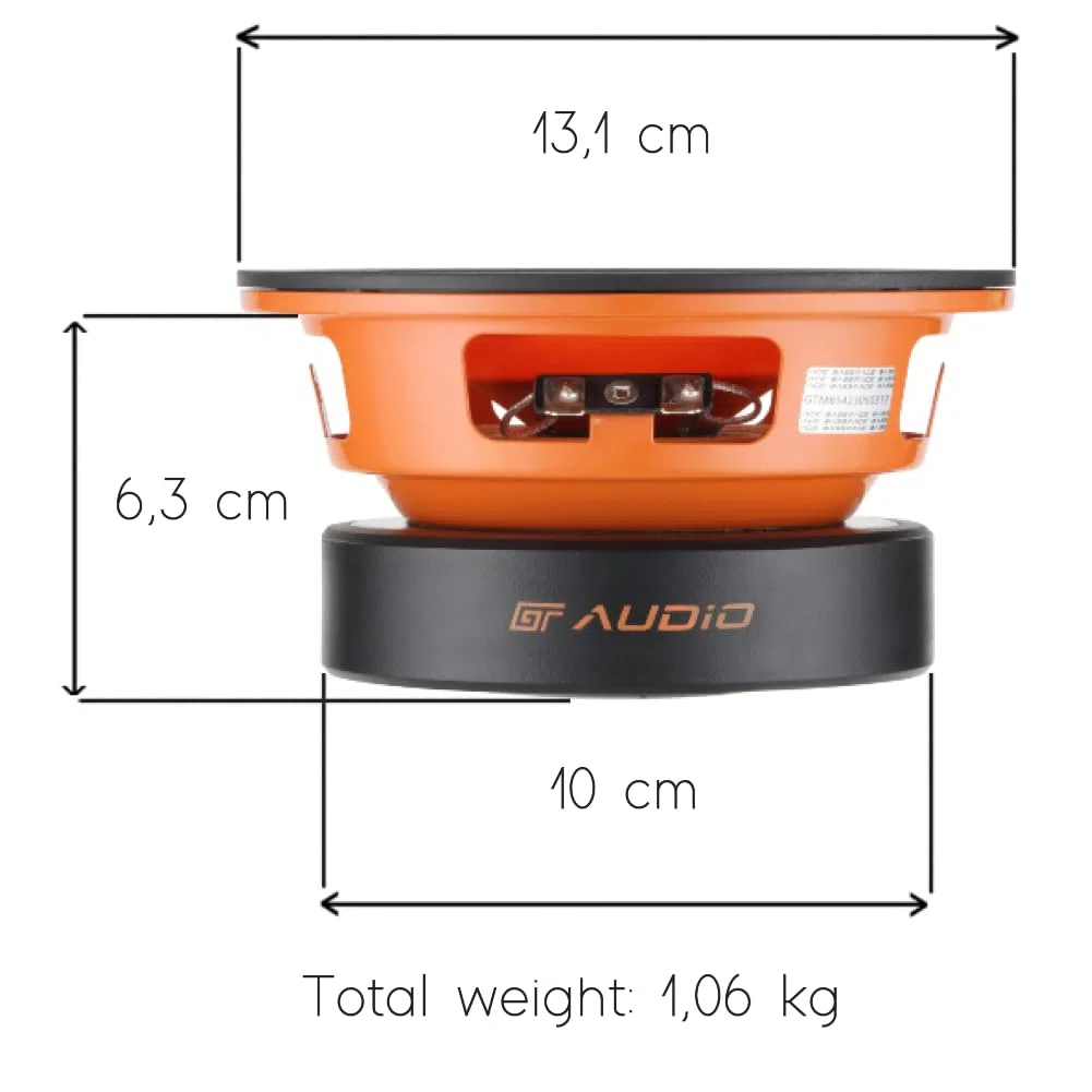 KIT SET PER BASS FACE GT AUDIO GT-MB5/4 1 woofer midbass da 13 cm 130 mm 5" di diametro, 80 watt rms 160 watt max, impedenza 4 ohm, portiere sportelli, per auto, 1 pezzo