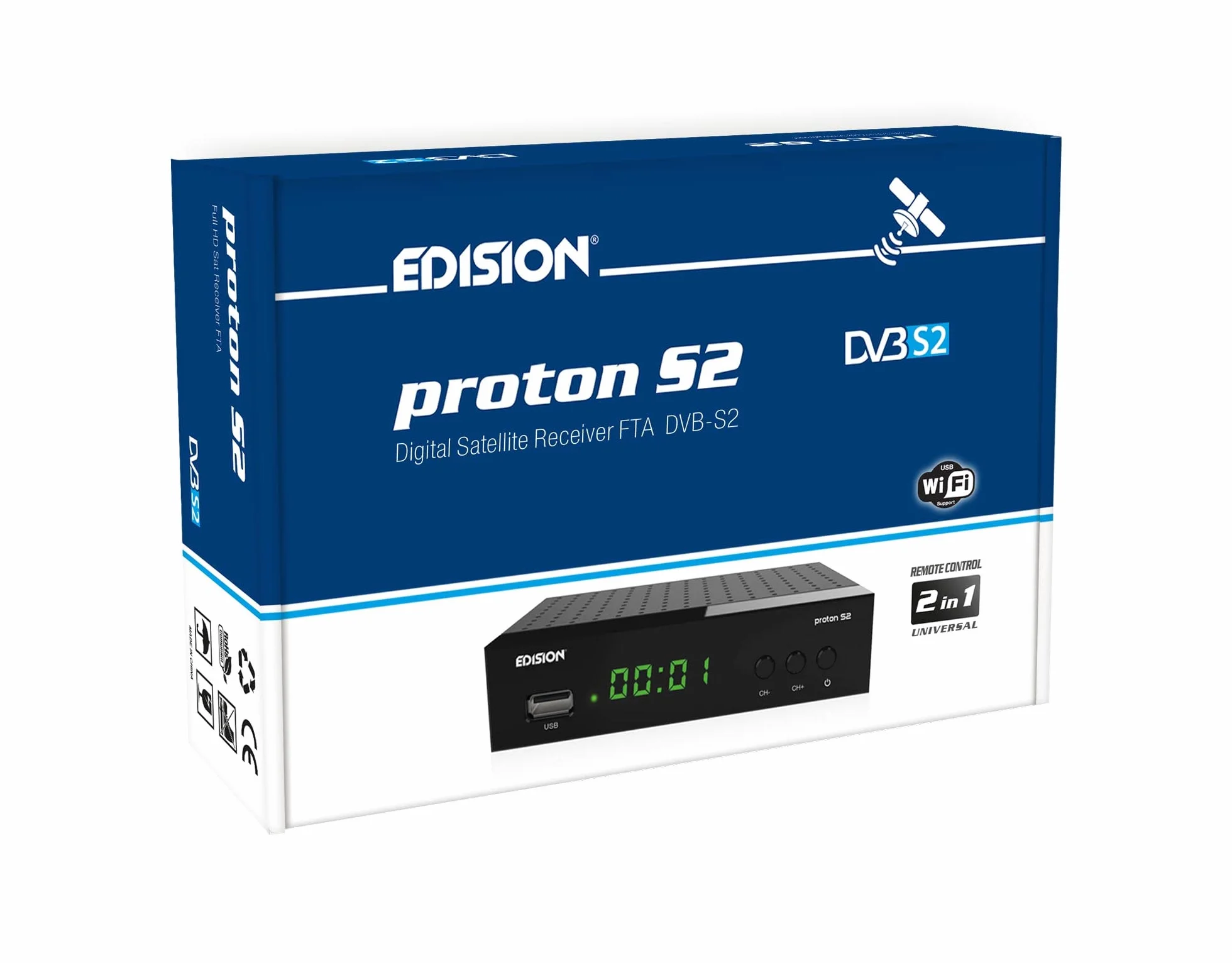 Edision PROTON S2 - Decoder DVB-S2 HD, Ricevitore Digitale Satellitare Full HD DVB-S2, USB, HDMI, SCART, Sensore IR, Supporto USB WiFi, Telecomando Universale 2in1, Nero