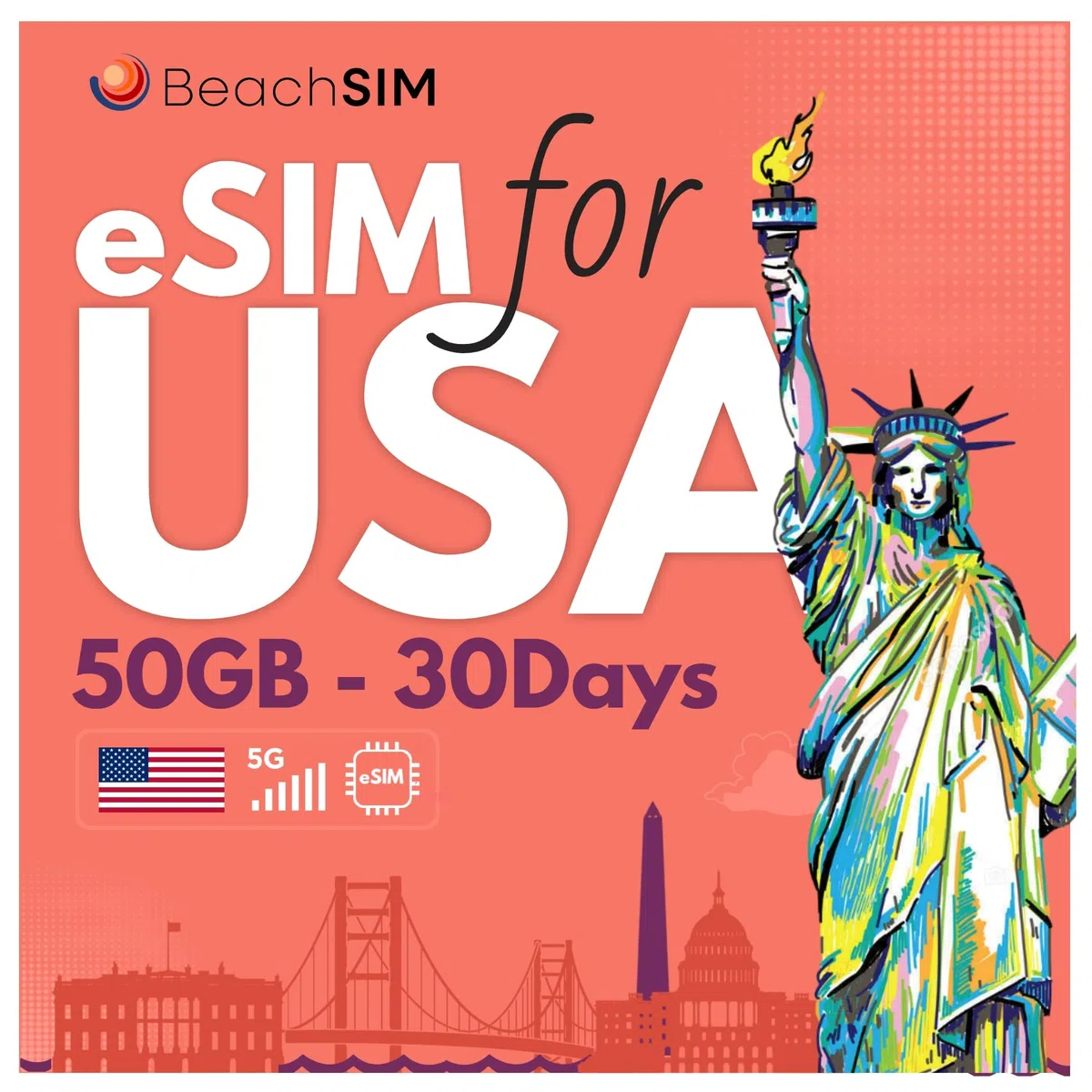 Solo Dati Prepagata eSIM USA 30 Giorni | 50GB Dati 4G/5G ad Alta Velocità | Attivazione Rapida Online | Facile da Ricaricare o Estendere | Compatibile con Dispositivi iOS e Android Sbloccati