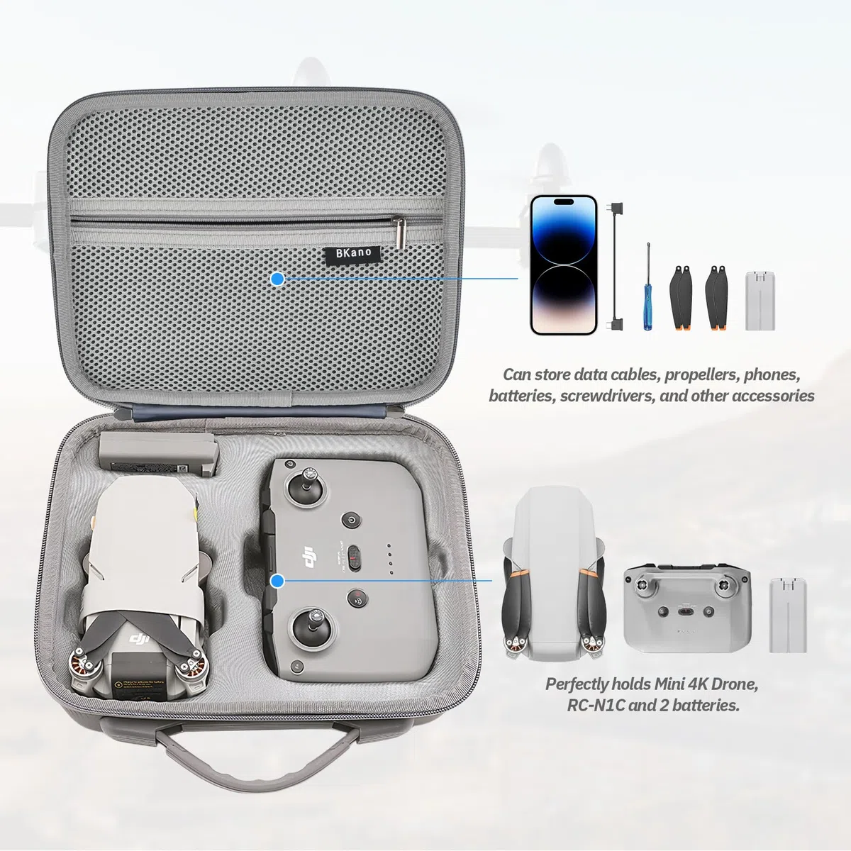 Custodia per DJI MINI 4k/Mini 2/ 2 SE, Impermeabile Compatto e portatile Borsa per DJI minis 4k attacco controller e supporti eliche con tracolla e maniglia, Grigio