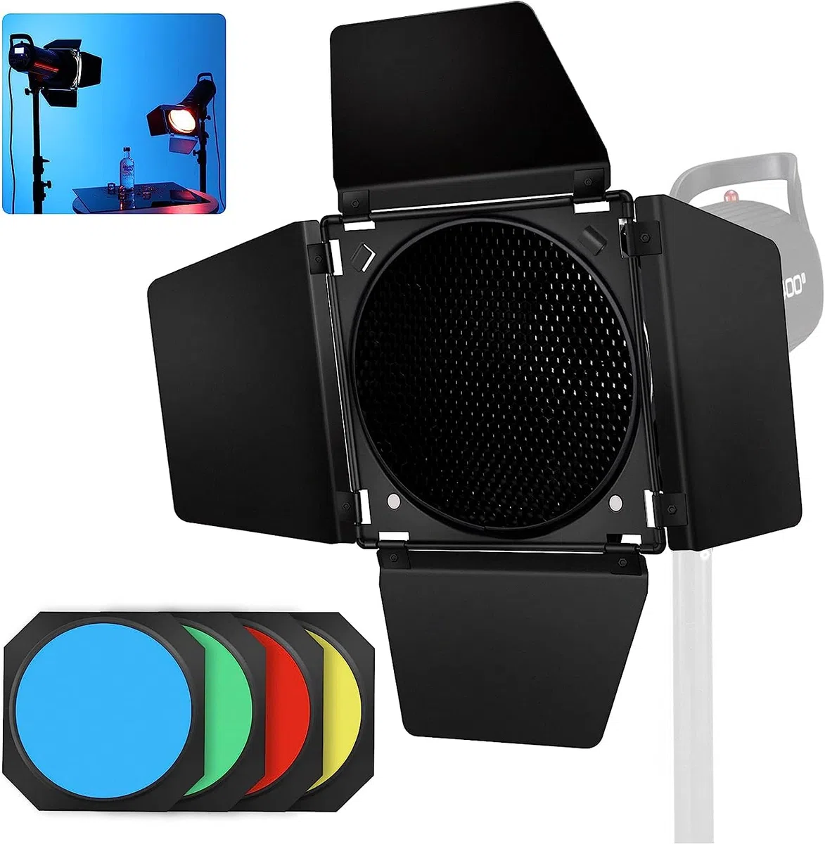 Soonpho BD-04 Barn Door Set di 4 Filtri Color Gel per Barn Door e Griglia a Nido d'Ape per Riflettore Standard Bowens Mount da 7" Compatibile con GODOX LED Video Light para NEEWER Amaran Aputure