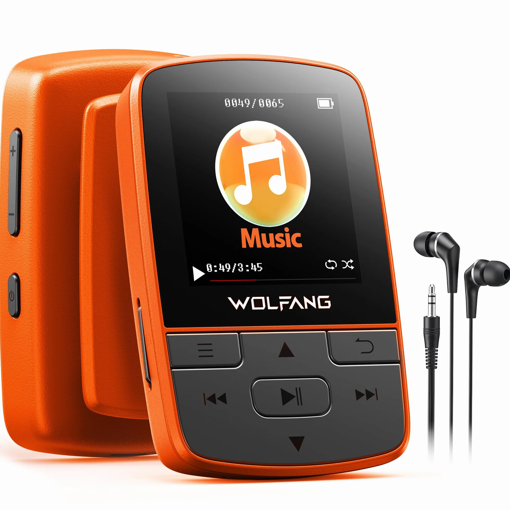 WOLFANG Lettore MP3 con Bluetooth 5.2, clip sportiva, formato mini, peso 28,3 g, radio FM HiF, registratore vocale, auricolari inclusi, arancione