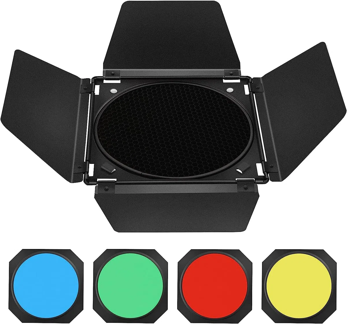 Soonpho BD-04 Barn Door Set di 4 Filtri Color Gel per Barn Door e Griglia a Nido d'Ape per Riflettore Standard Bowens Mount da 7" Compatibile con GODOX LED Video Light para NEEWER Amaran Aputure