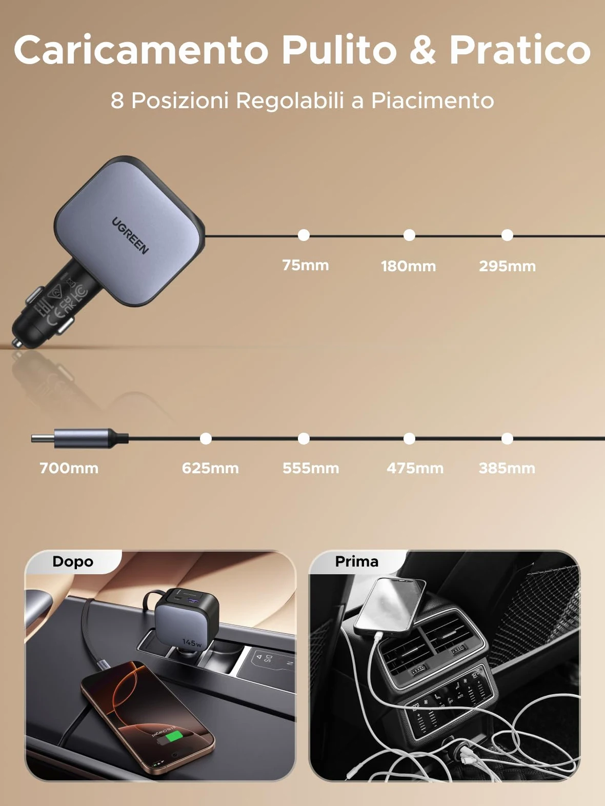 UGREEN 145W Retrattile Caricatore Auto, Caricabatteria Accendisigari USB C Ricarica Rapida 4 Porta, Compatibile con iPhone 17 Pro Max Air/iPhone 16/15/14, Galaxy S25/24, Pixel10/9, MacBook, iPad