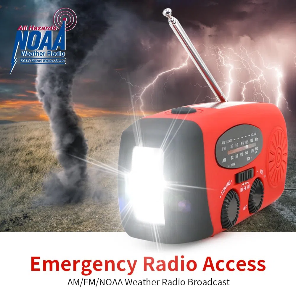 Radio di Emergenza con Manovella e Solare, Powerbank 2000mAh per Cellulare, Torcia LED con Allarme SOS, Radio AM/FM Portatile per Blackout, Tempesta, Campeggio, Escursionismo, Auto e Famiglia