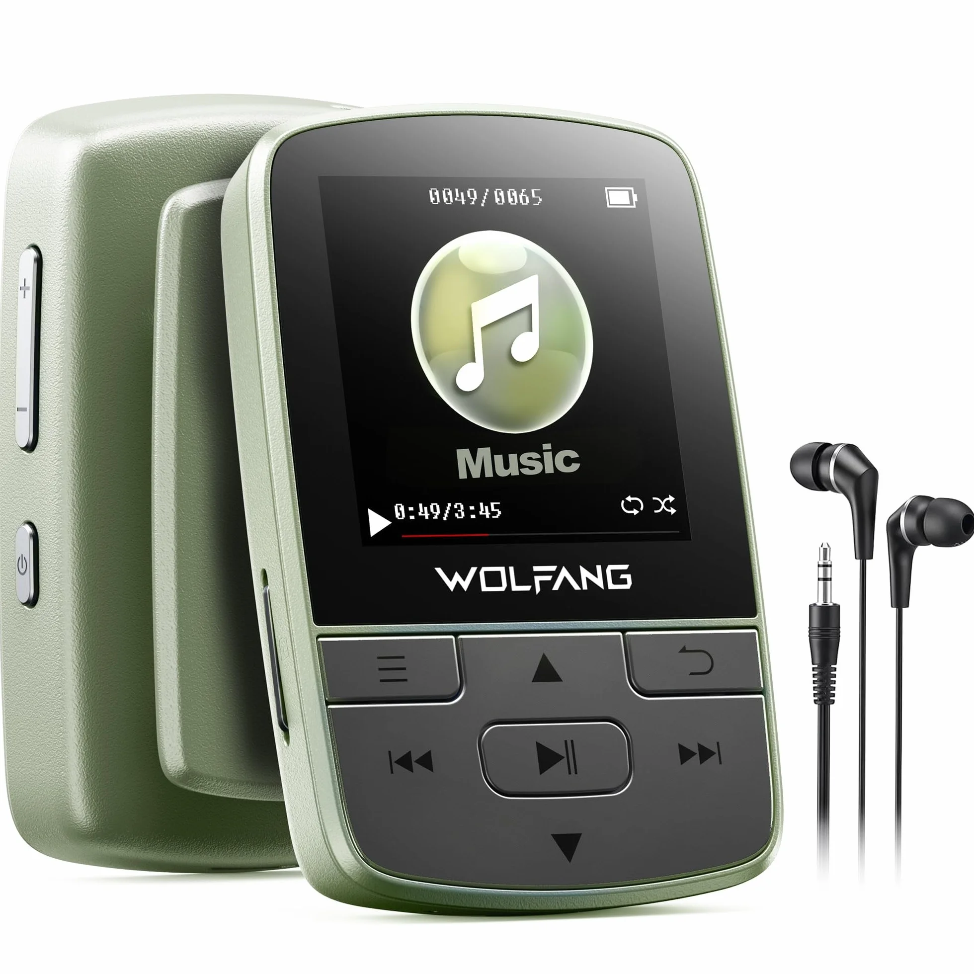 WOLFANG Lettore MP3 con Bluetooth 5.2, clip sportiva, formato mini, peso 28,3 g, HiF, registratore vocale, auricolari inclusi, Verde Militare