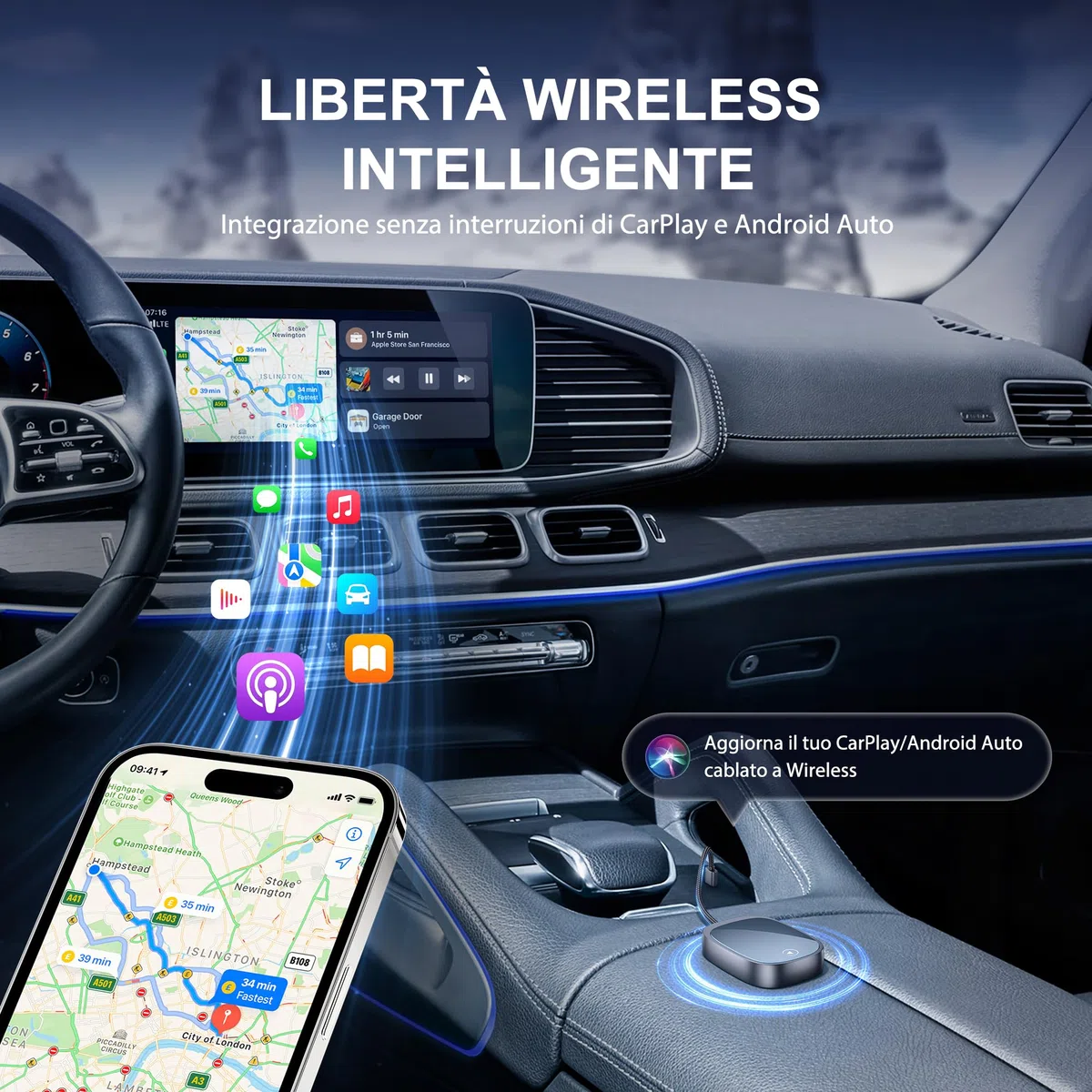 Adattatore Senza Fili CarPlay/Android Auto 2 in 1 - Collegamento Senza Cavi per Auto i OS 10+ Android 11+ - Plug&Play con USB-C Incluso