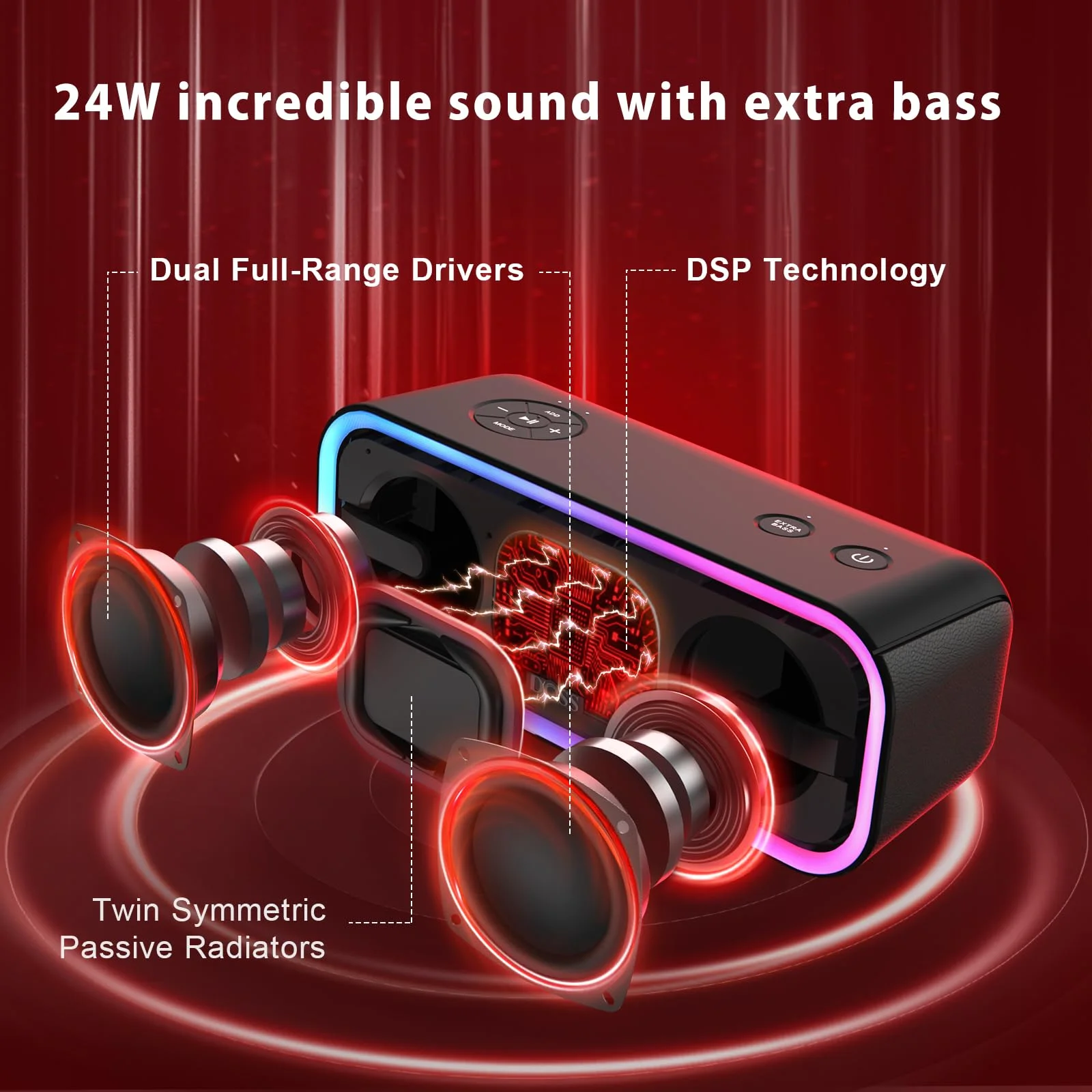 Cassa Bluetooth, DOSS SoundBox Pro + Altoparlante Bluetooth wireless con 24 W suono impressionante,bassi potenti, IPX5 impermeabile, 15 ore di riproduzione, accoppiamento stereo wireless,LED Luce-Nero