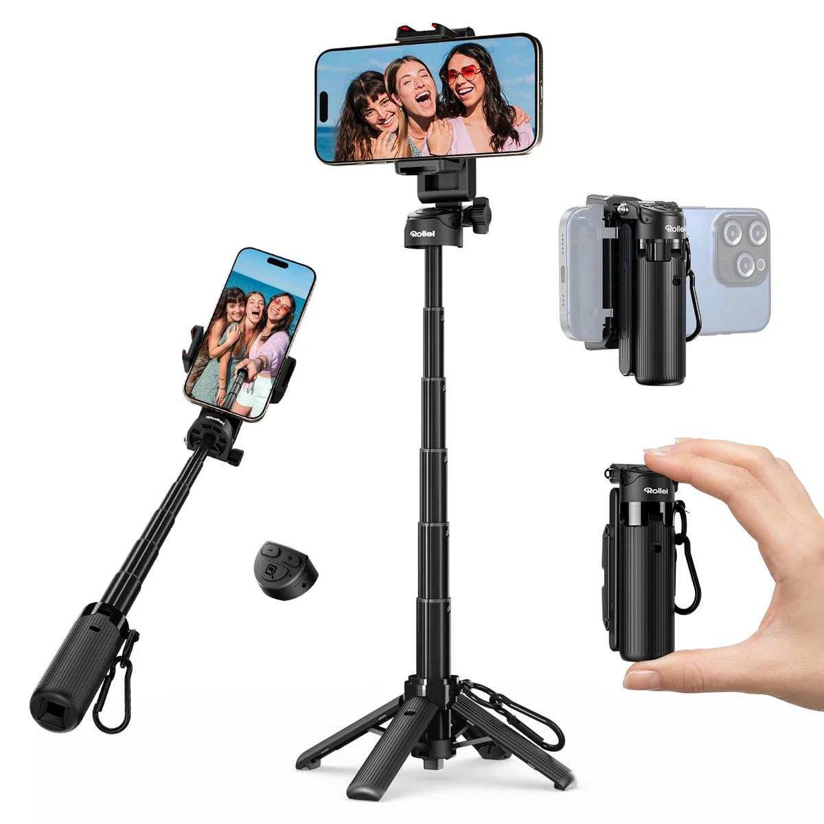 Rollei Treppiede Smartphone Easy Creator SmartGrip 3-in-1 Bastone Selfie Estensibile con Telecomando Selfiestick Portatile con 2 Attacchi Cold Shoe, Treppiede-Smartphone-Cavalletto-Bastone-Selfie