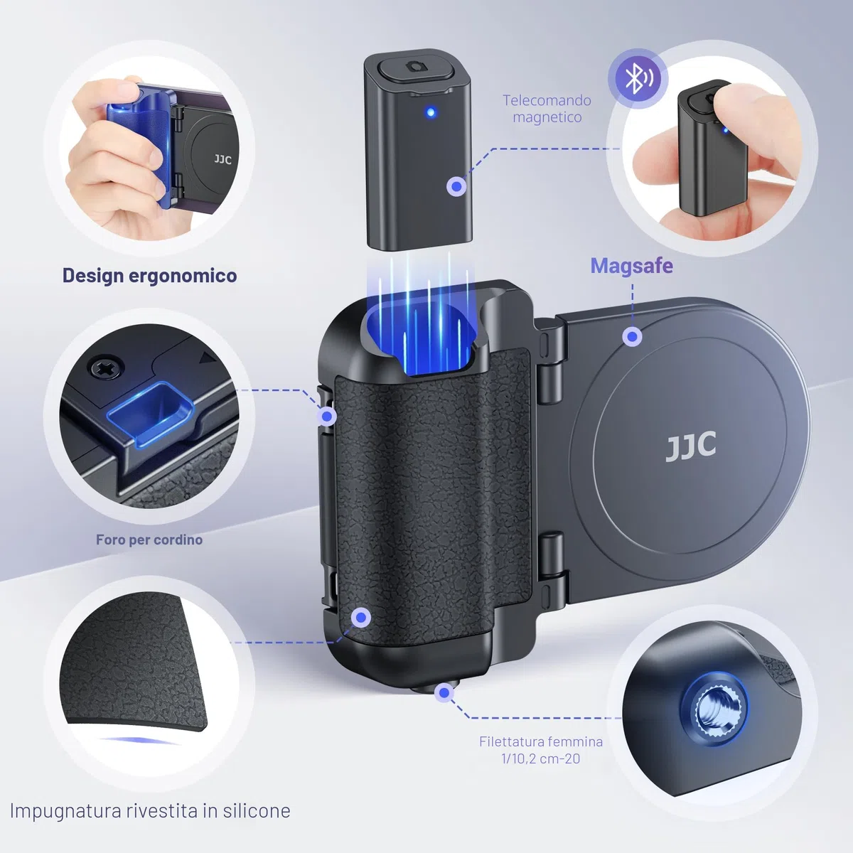JJC Magnetico Impugnatura magnetica per cellulare con telecomando Bluetooth per iPhone 17 16 15 14 13 e smartphone Android, supporto per telefono e treppiede, colore: Nero