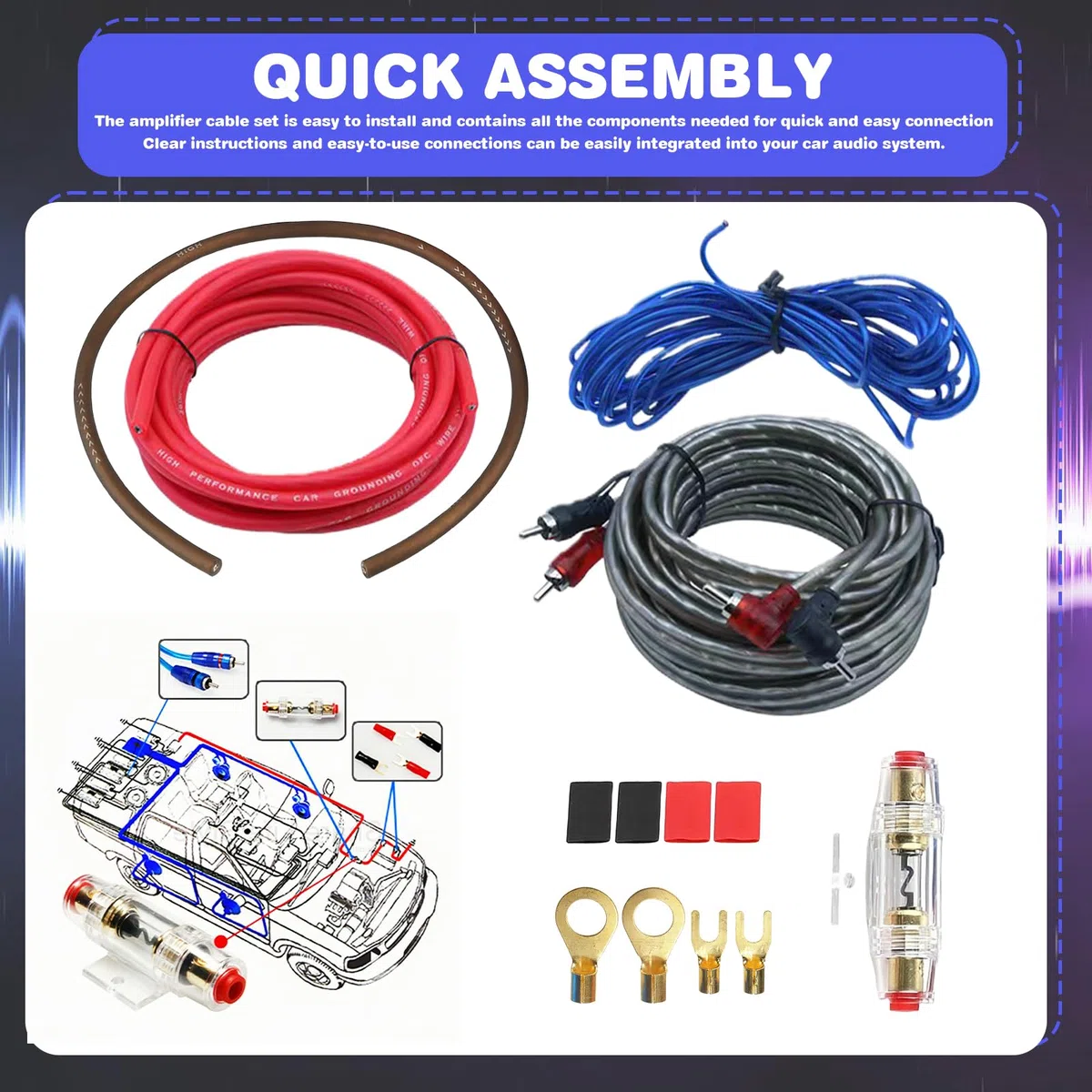 GBKDQQ Set di 7 cavi subwoofer, 4GA, amplificatore per auto, set di cavi per subwoofer, 5 m, set di cavi per amplificatori auto, cavo audio per subwoofer, sistema HiFi